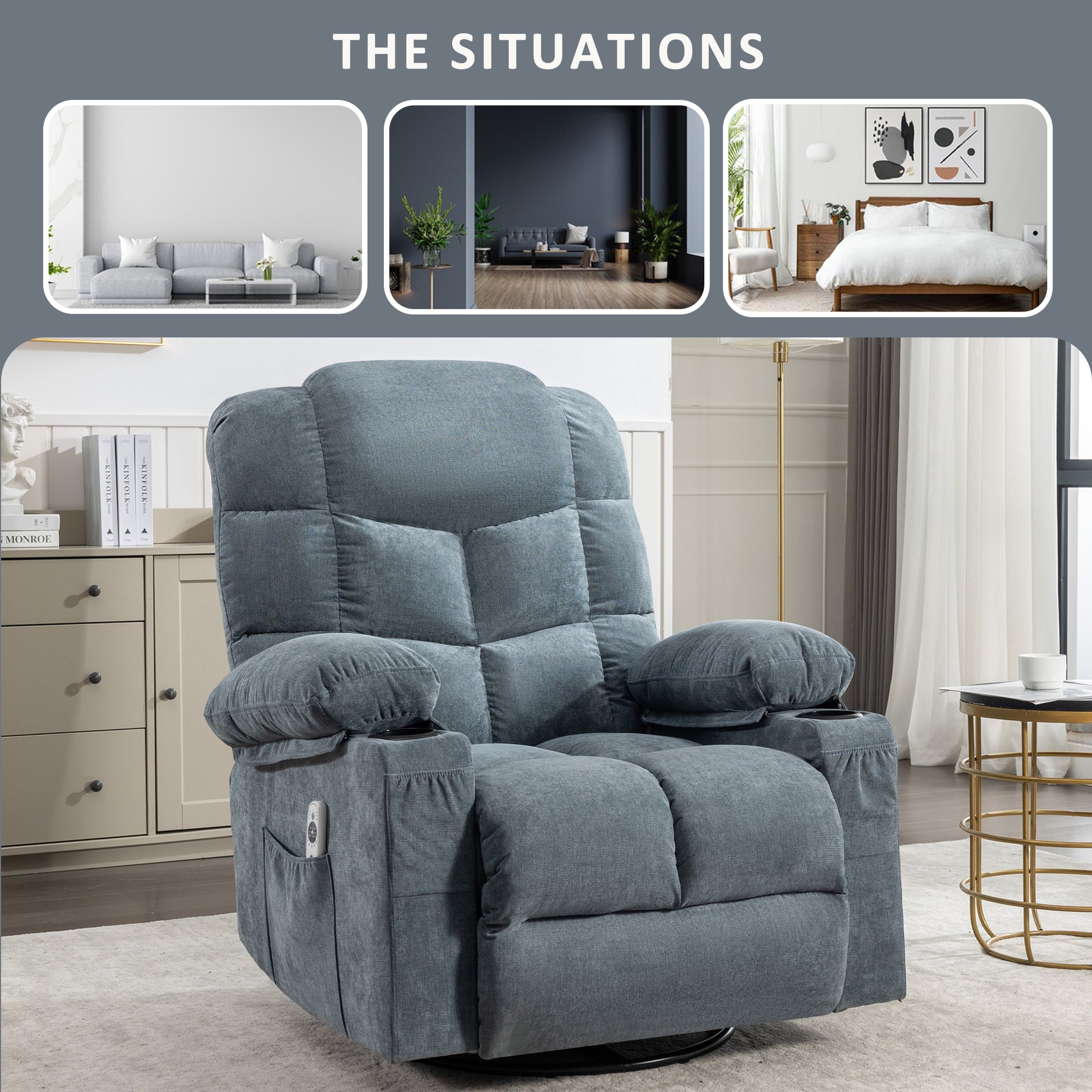 Plush grey fabric recliner chair with builtin cup holders and side storage pocket