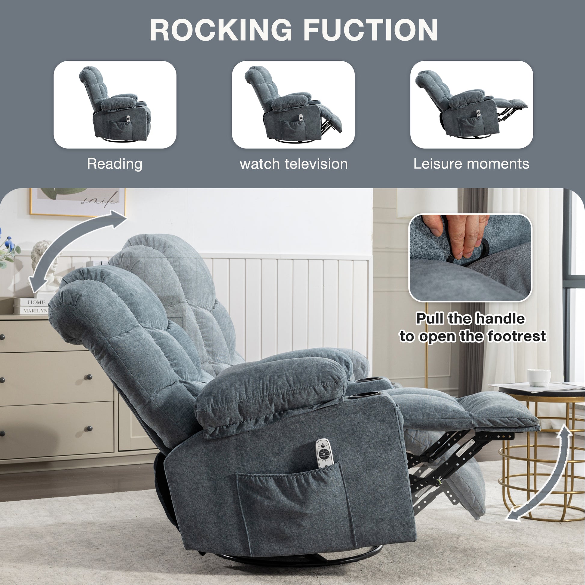 Gray fabric recliner chair with extended footrest for ultimate relaxation