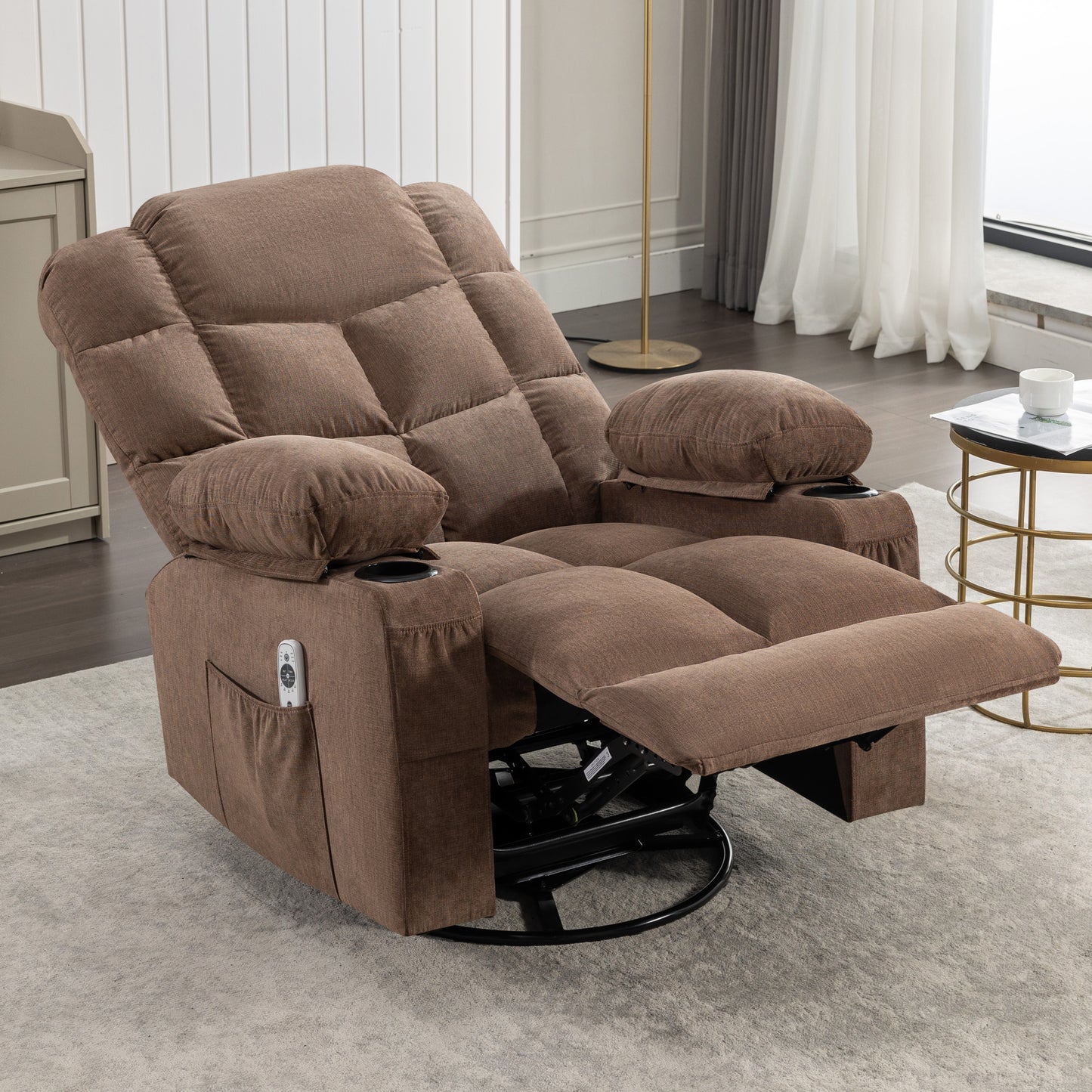 Brown fabric recliner chair with cup holders and remote perfect for living rooms