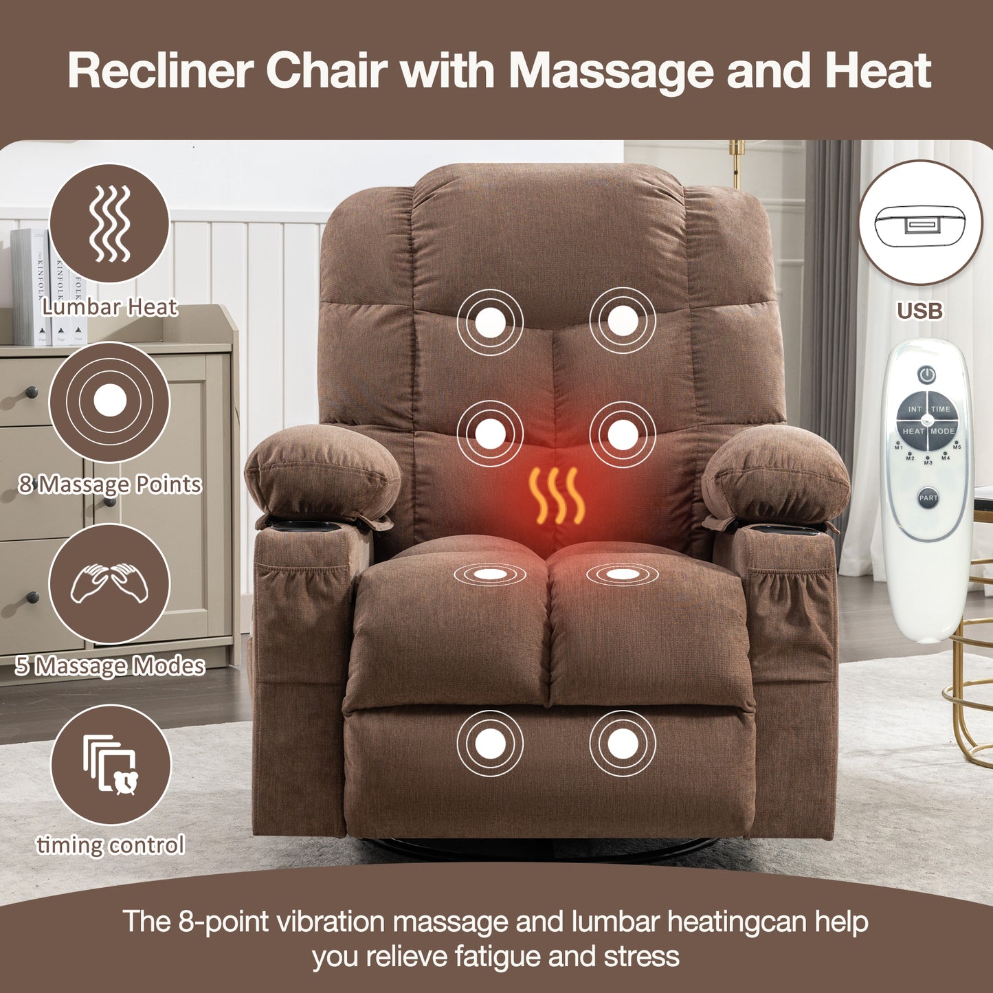 Brown fabric recliner chair with  massage points and lumbar heat feature