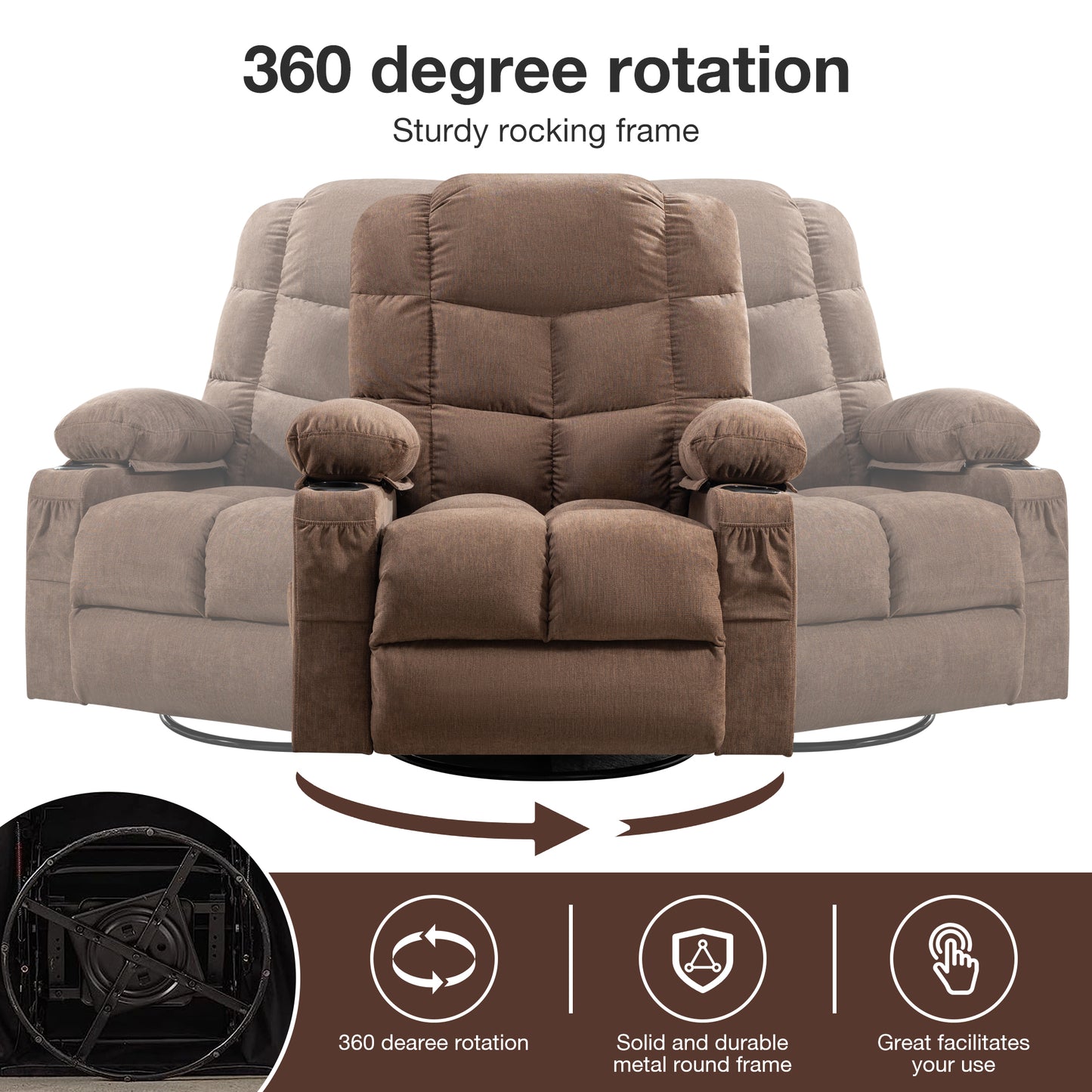 Brown fabric recliner chair with  degree rotation feature and cup holders