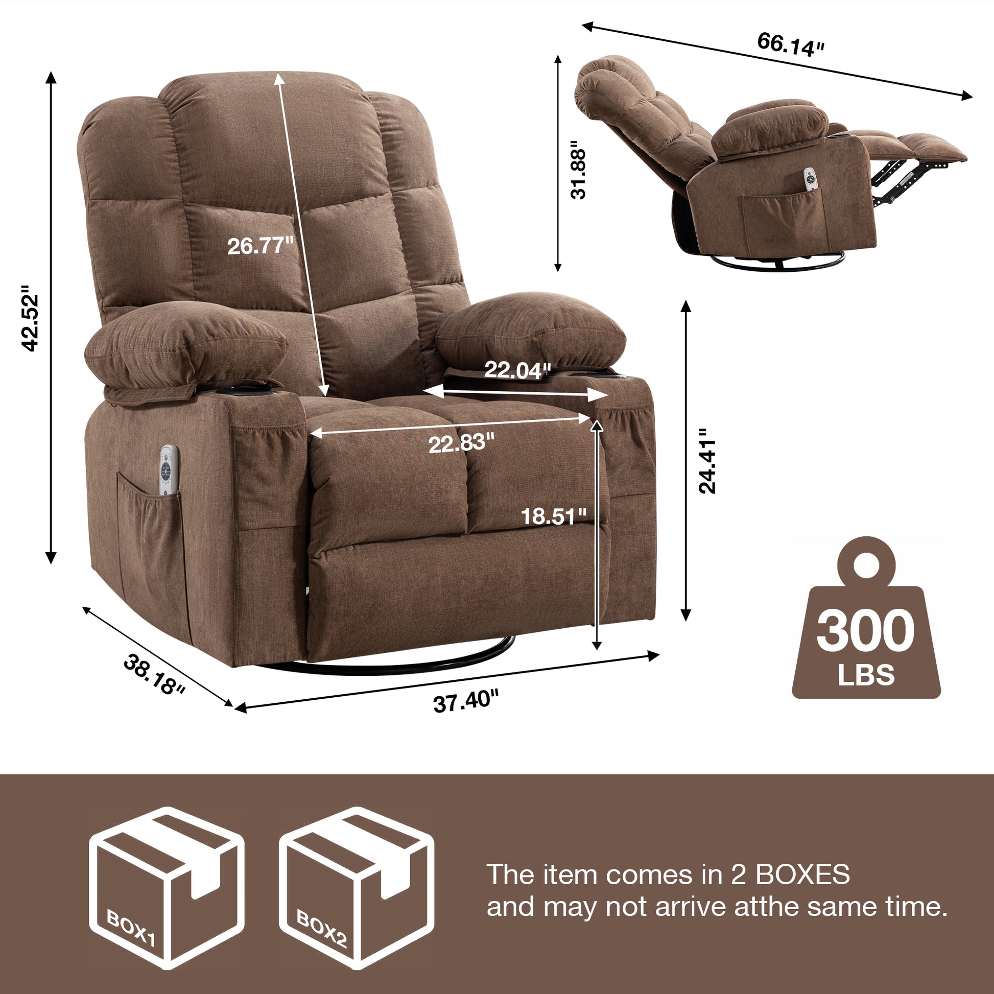 Brown fabric recliner chair with power lift and massage features  H