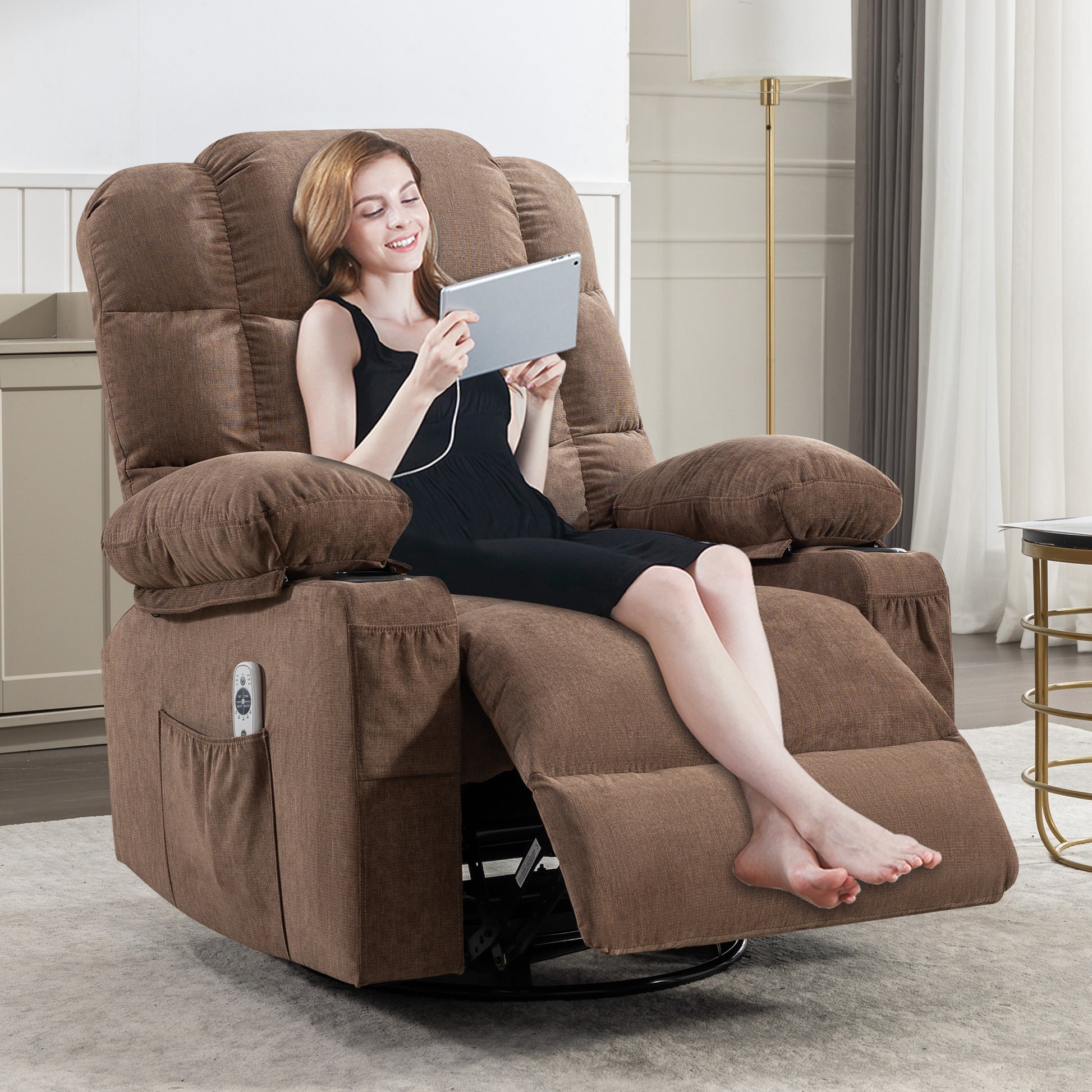 Brown fabric power recliner with side pocket and remote for ultimate relaxation