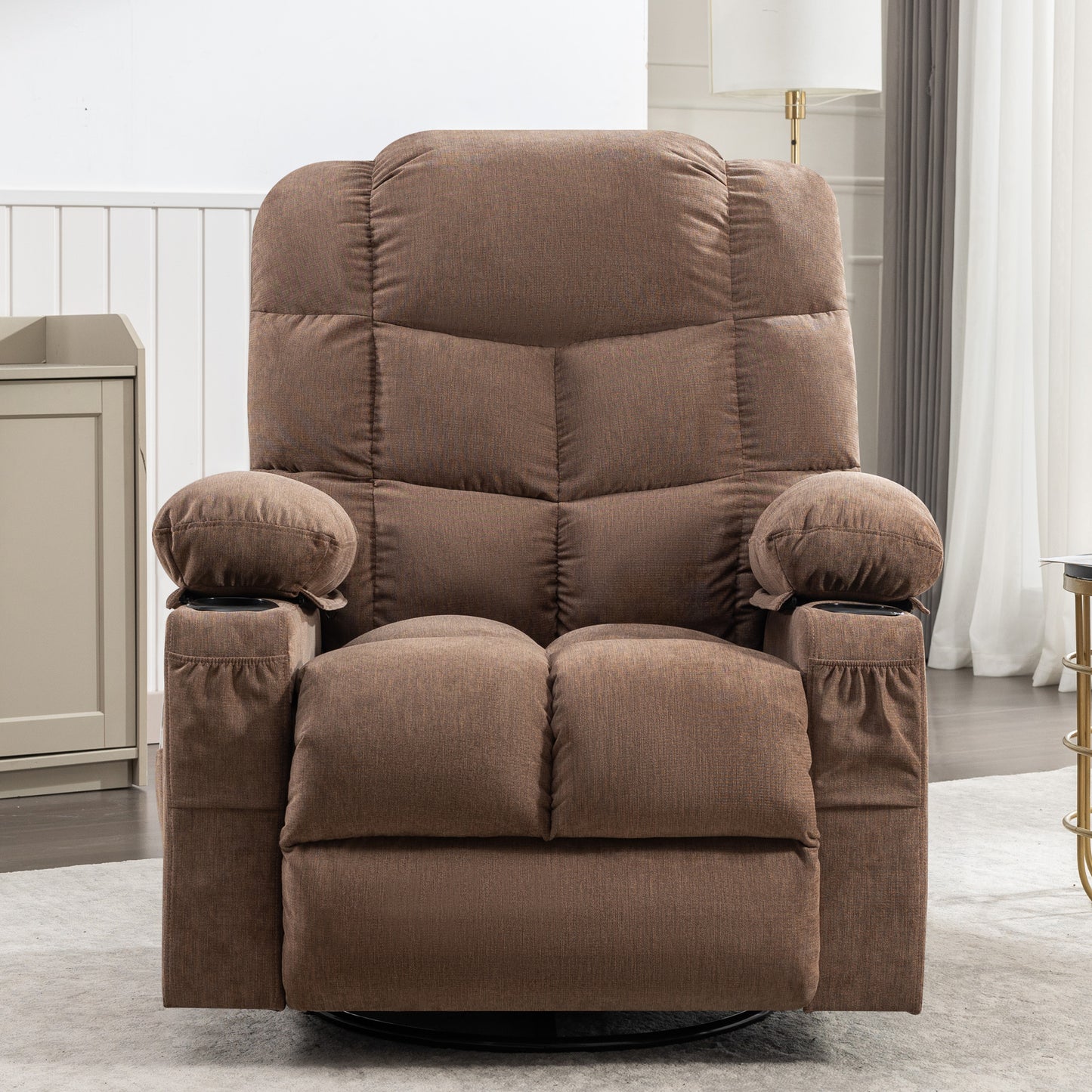 Plush brown fabric recliner chair with padded arms cup holders and side pockets for home relaxation
