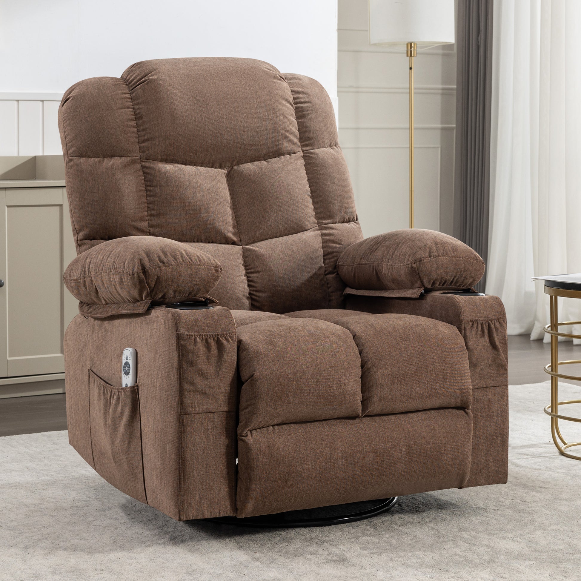 Brown fabric power recliner chair with cup holders and side pocket