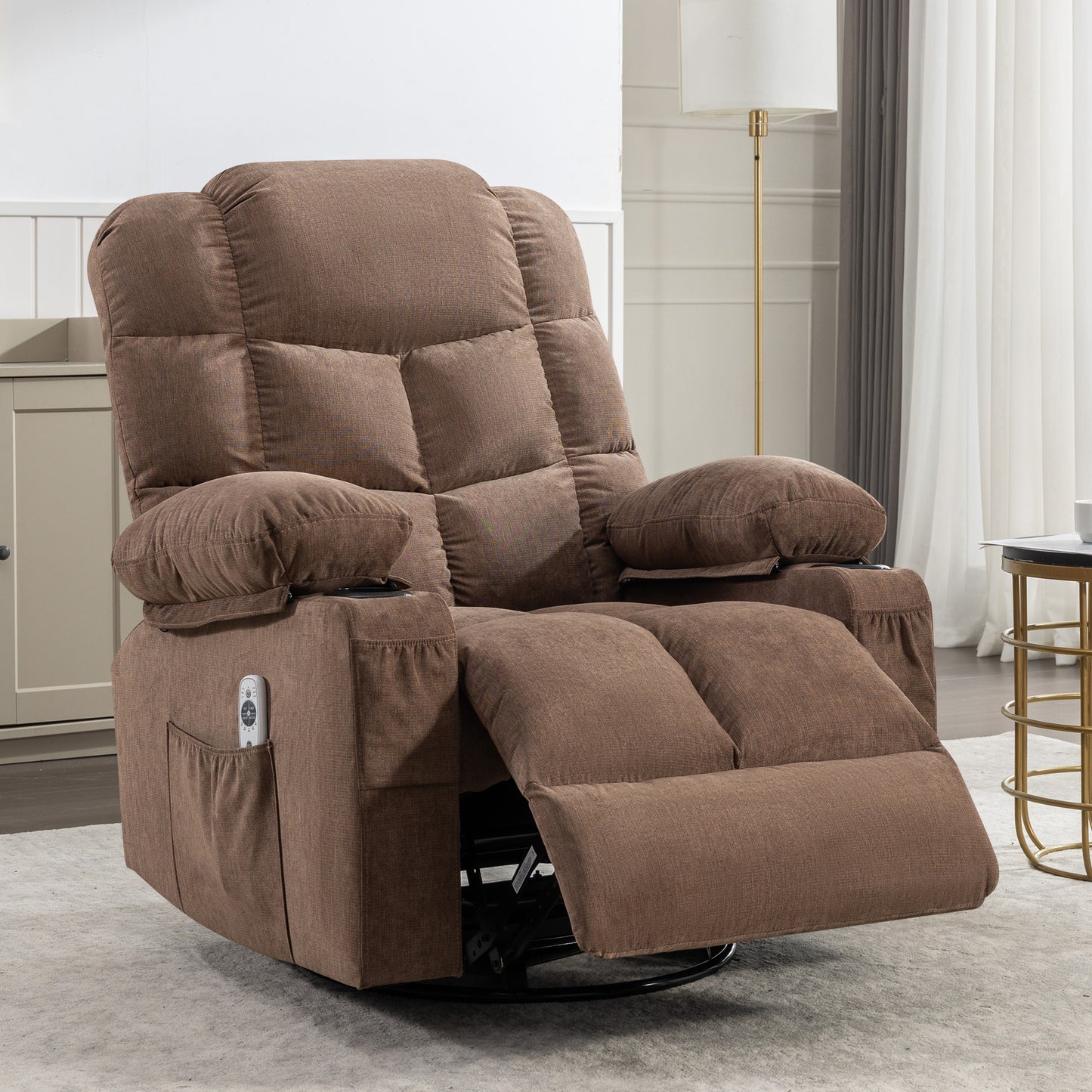 Brown fabric power lift recliner with plush cushioning and side storage pocket