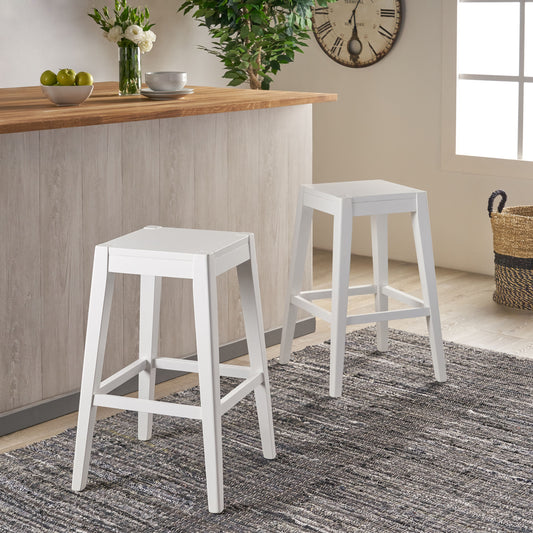 Two white modern counter stools with wooden legs and seats ideal for kitchen islands
