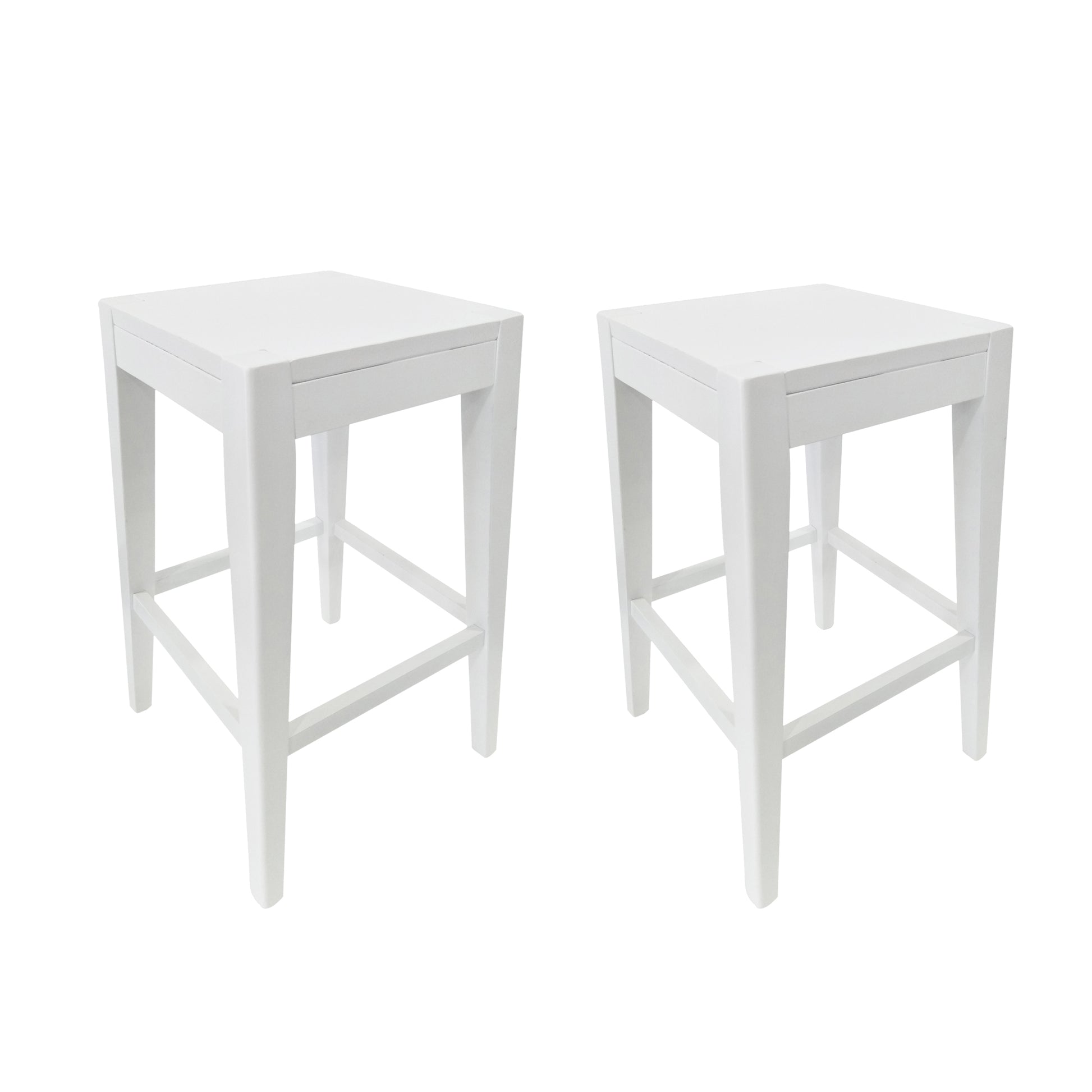 Pair of white wooden bar stools with square seats and sturdy legs