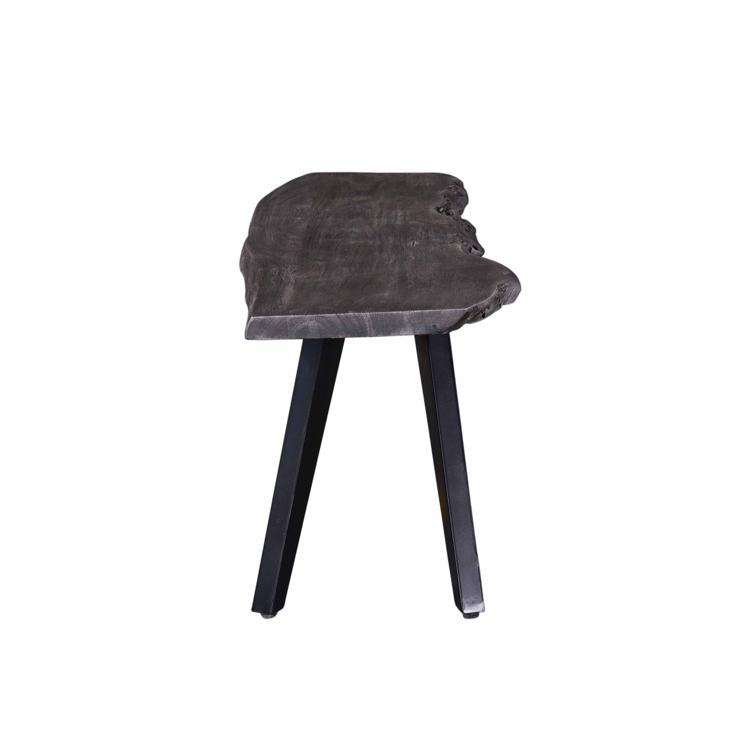 Dark grey live edge wood stool with black metal legs