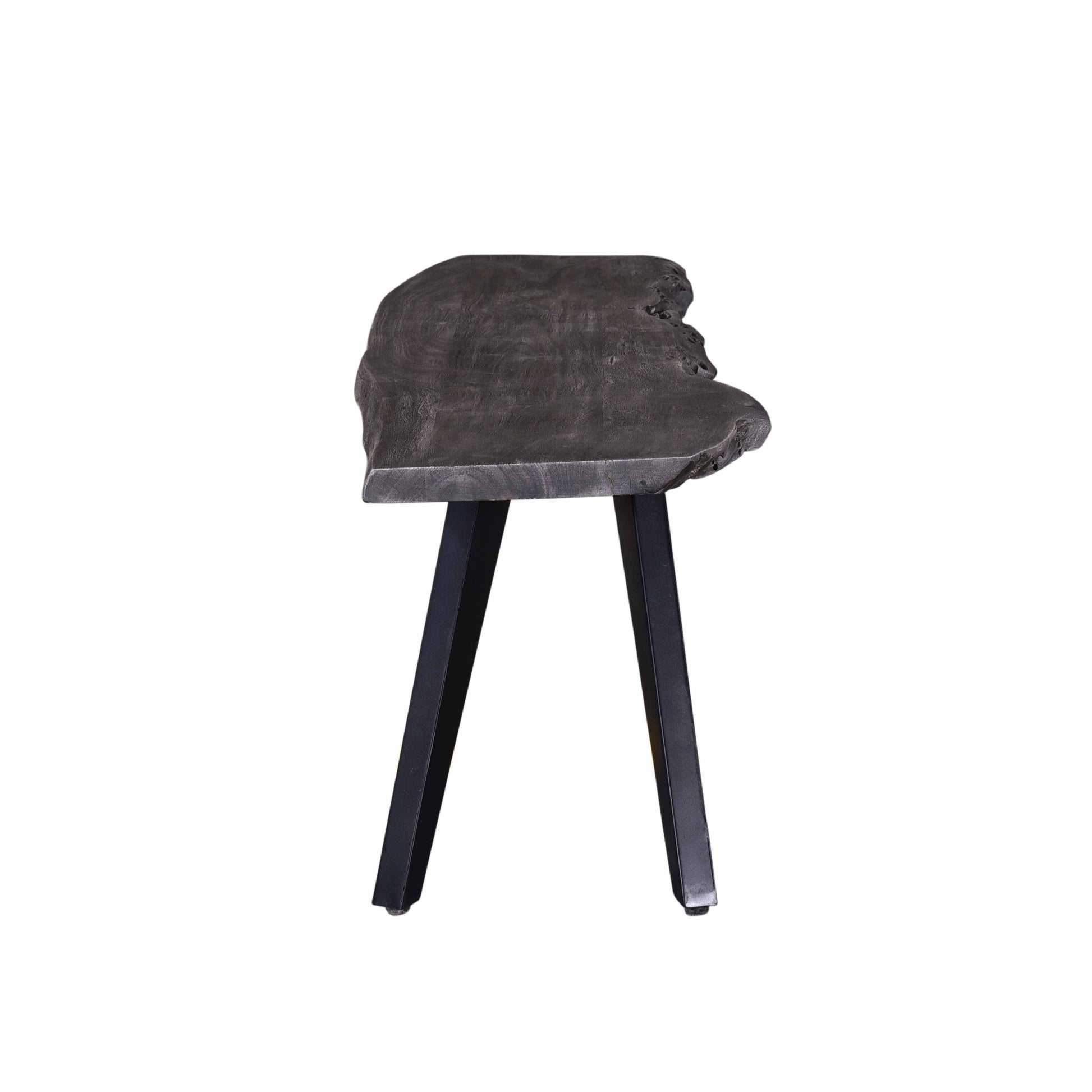 Dark grey live edge wood stool with black metal legs