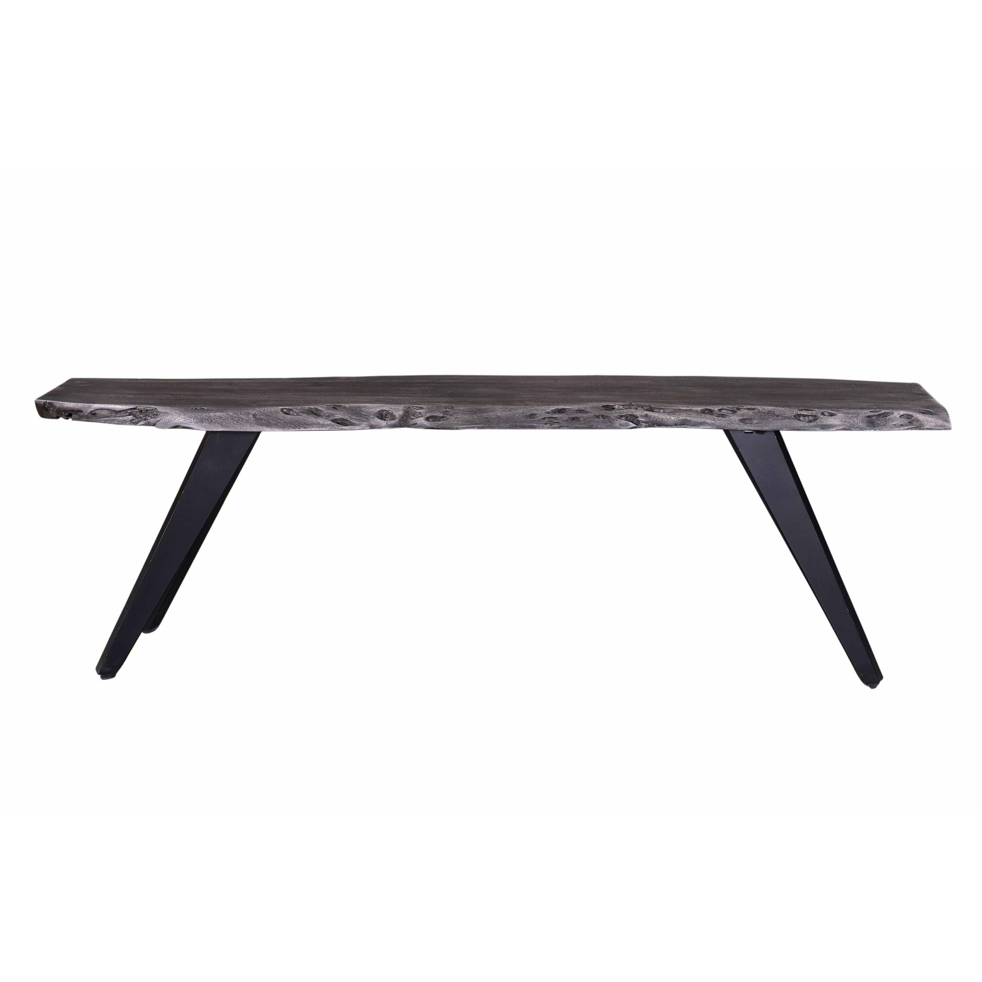 Live edge charcoal grey wood bench with modern black metal legs