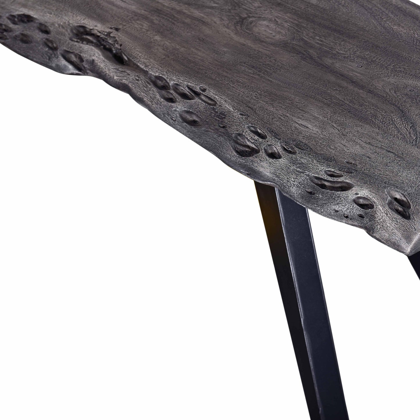 Dark grey live edge wood slab table with distressed finish and black metal legs