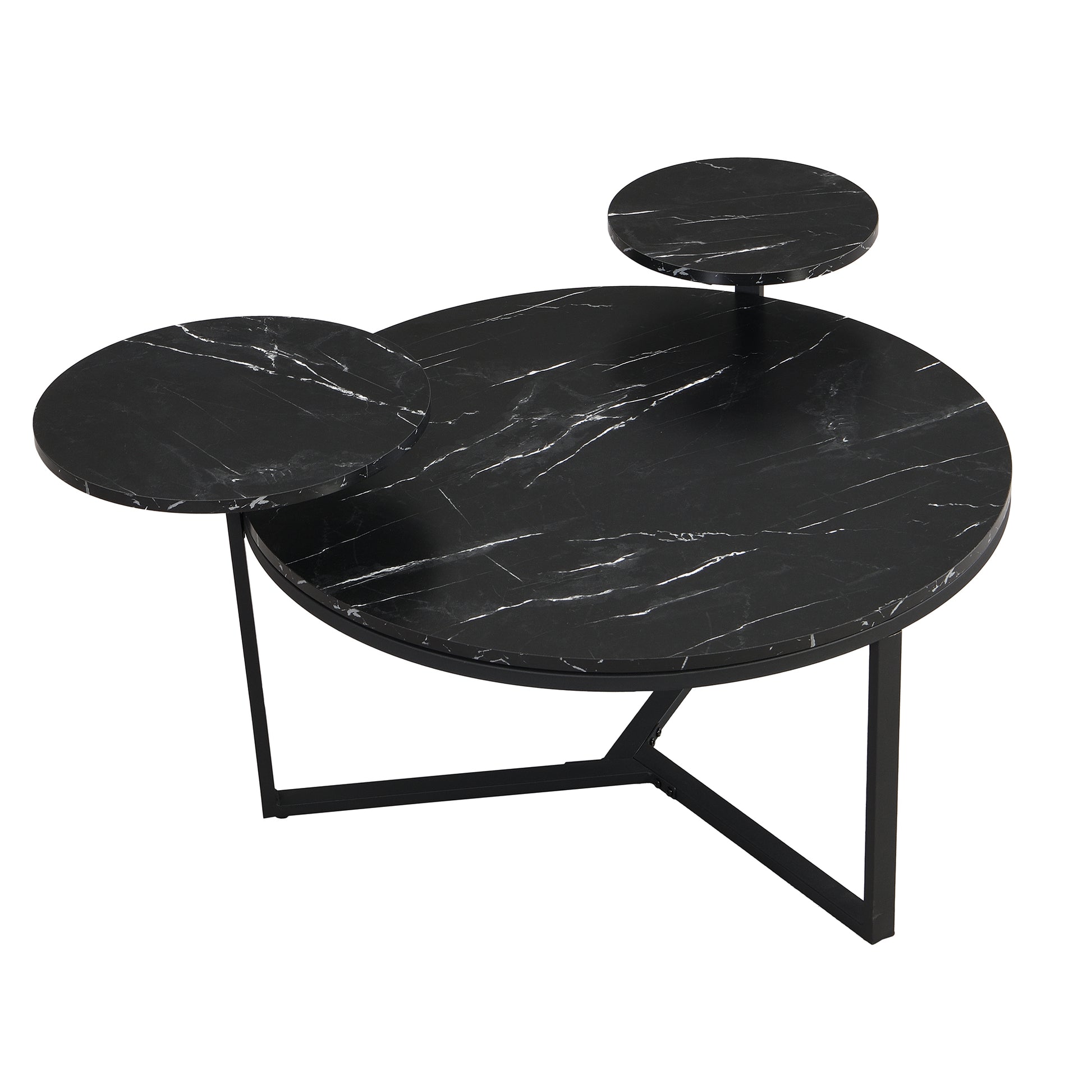 Modern black marble coffee table with tiered round tops and a matte black metal base