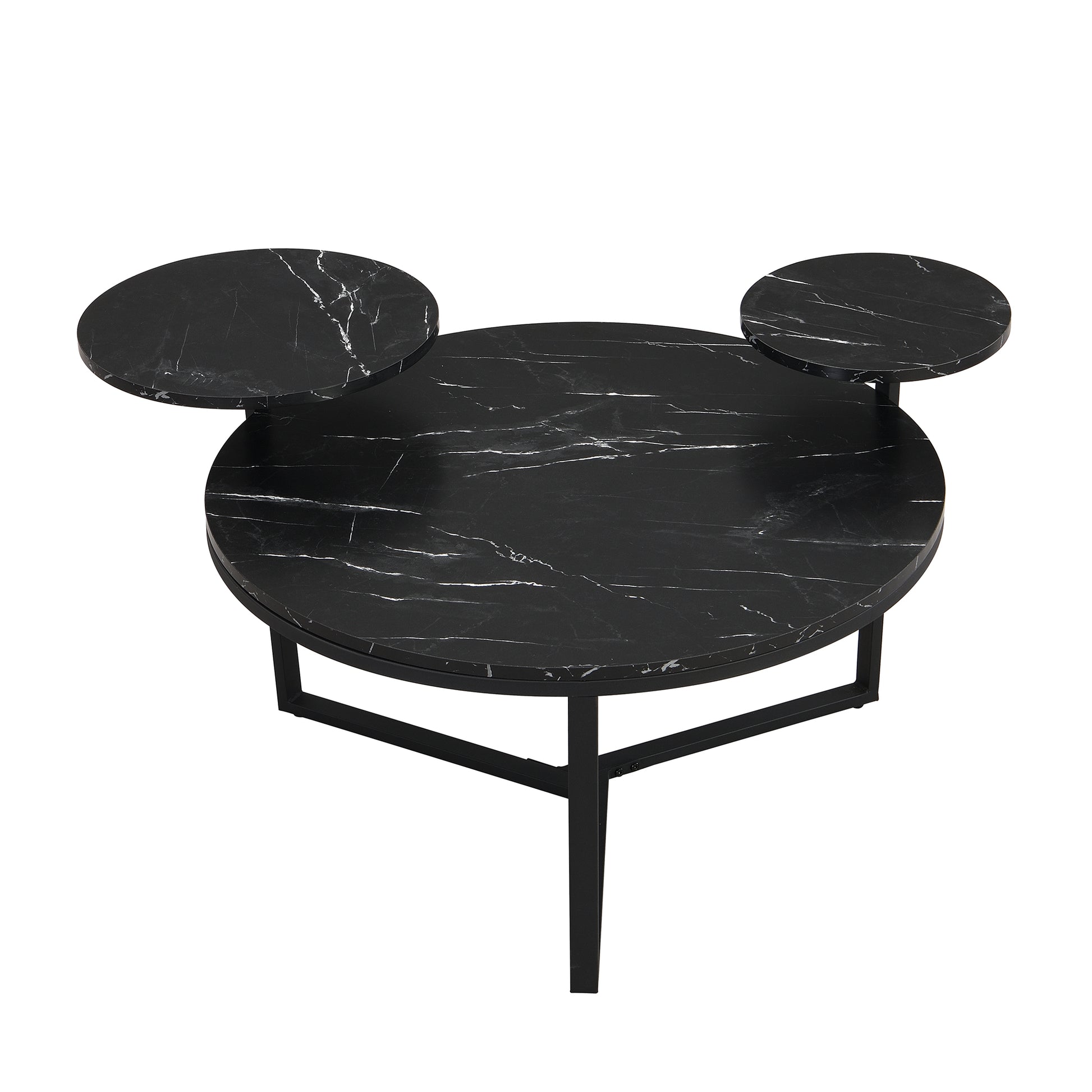 Round black marble coffee table with marble side extensions and black metal legs
