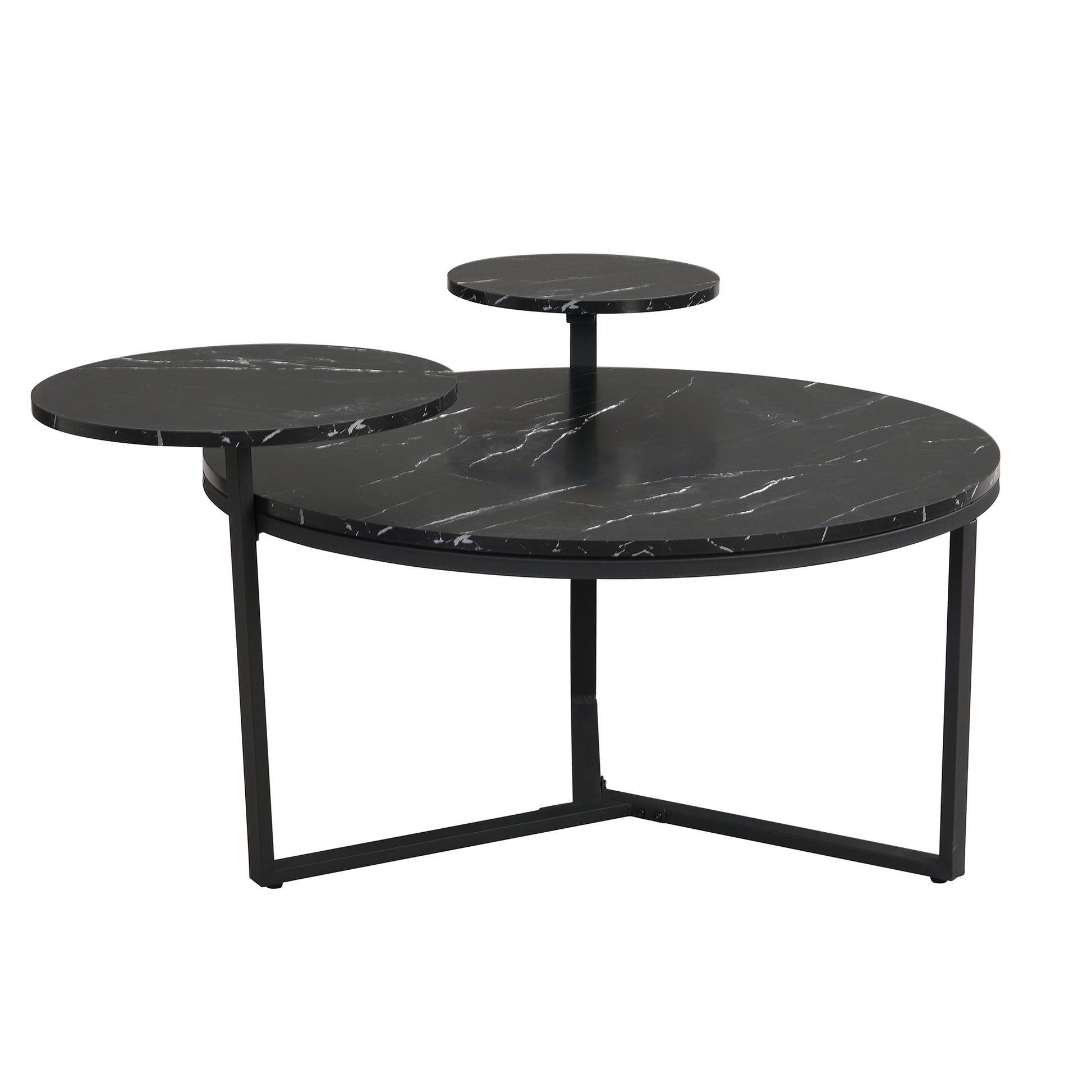 Round marble coffee table with tiered black marble tops and sleek metal base