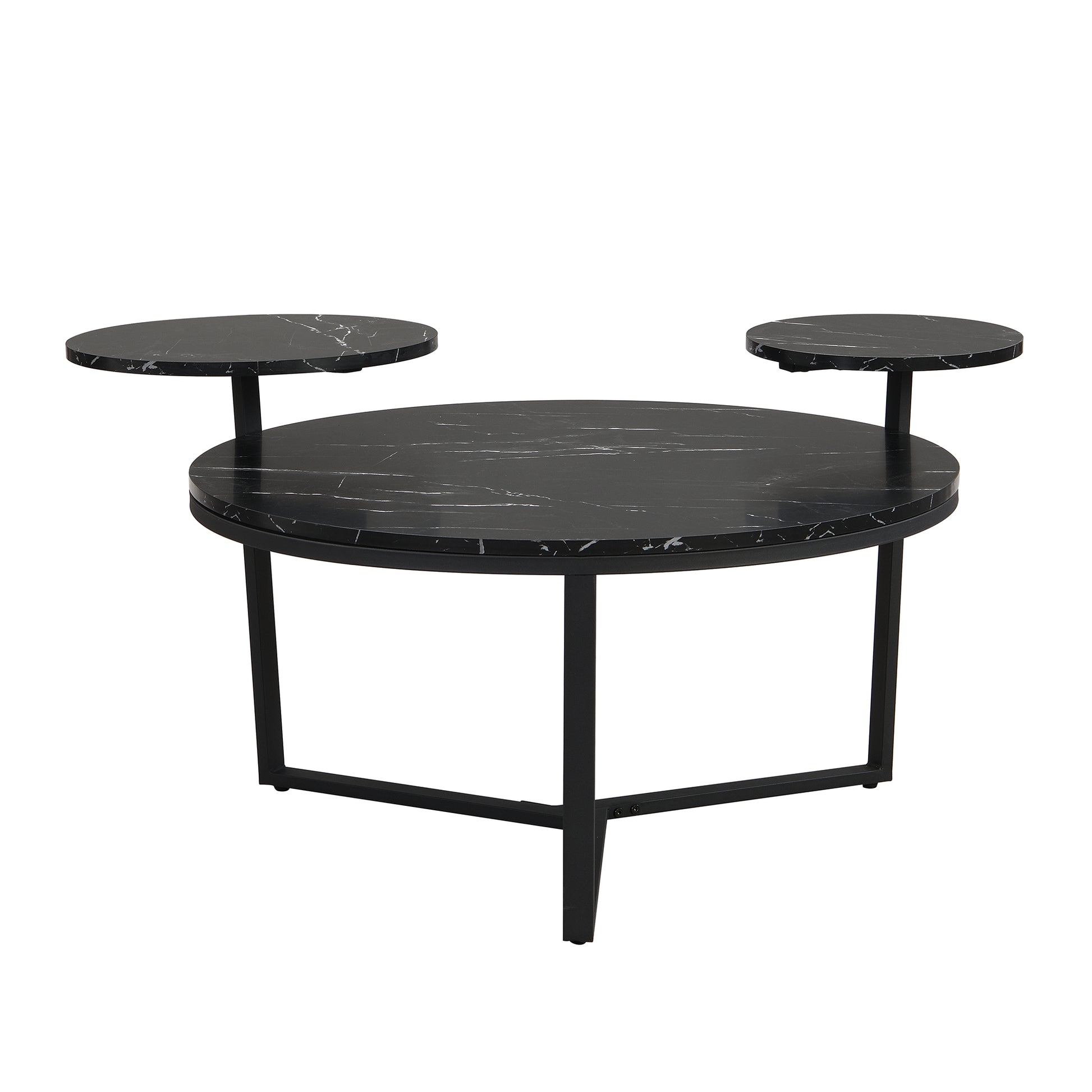 Round black marble coffee table with two tiered side accents