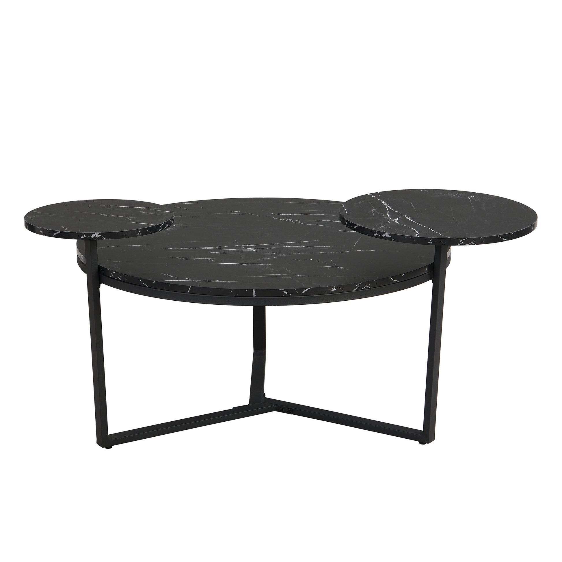 Modern black marble coffee table with staggered circular tops and a metal frame