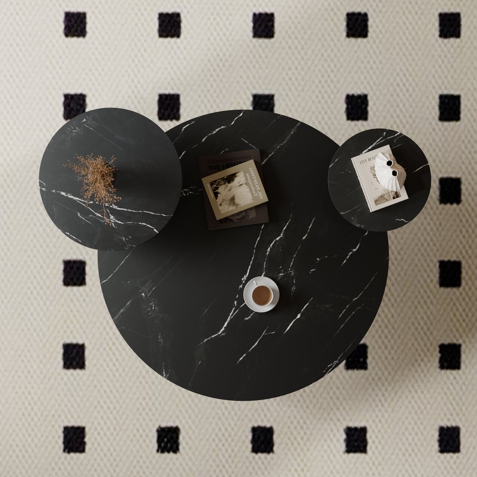 Modern nesting marble coffee tables with white veining ideal for living rooms