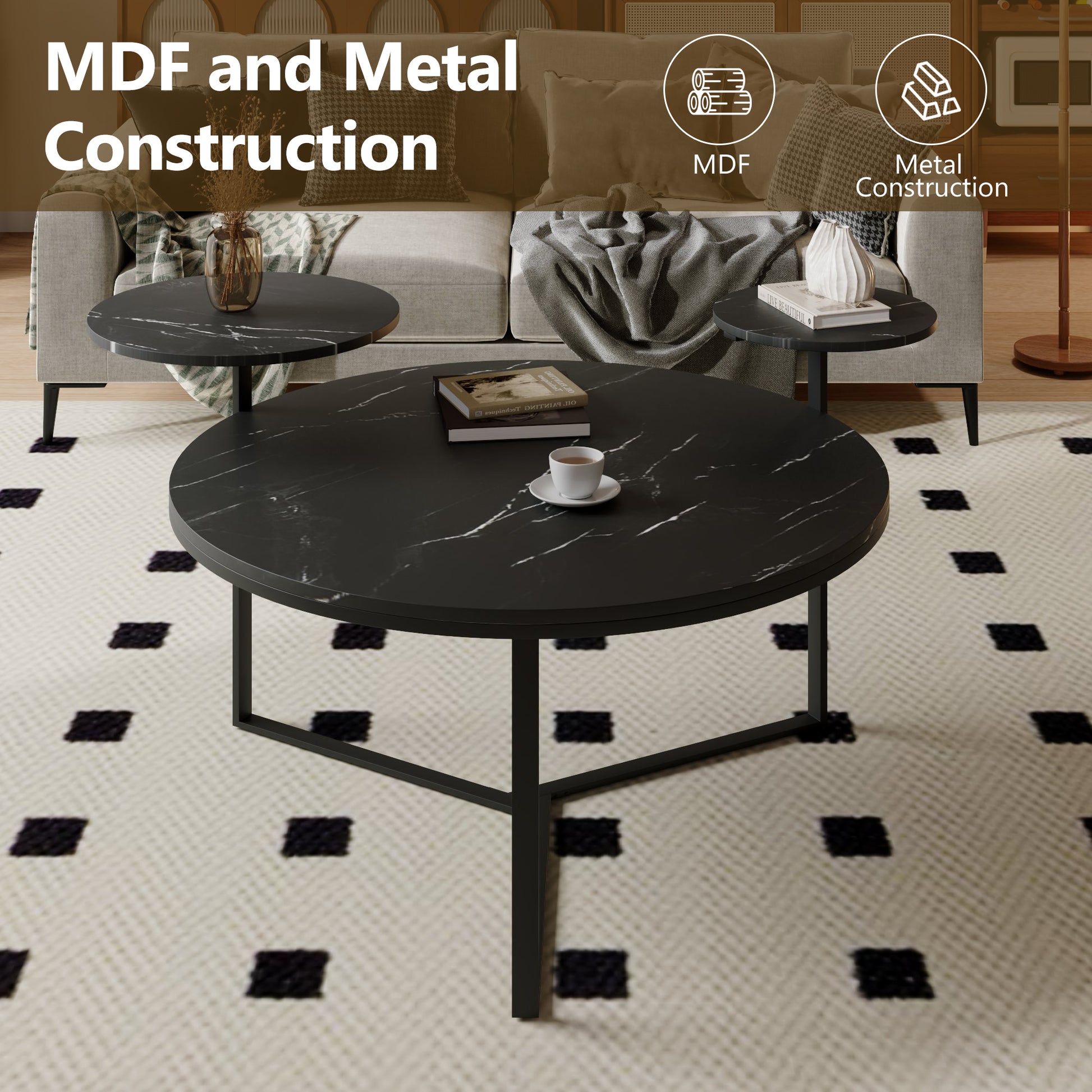 Round black MDF coffee table with white marble pattern metal legs and a cup of coffee