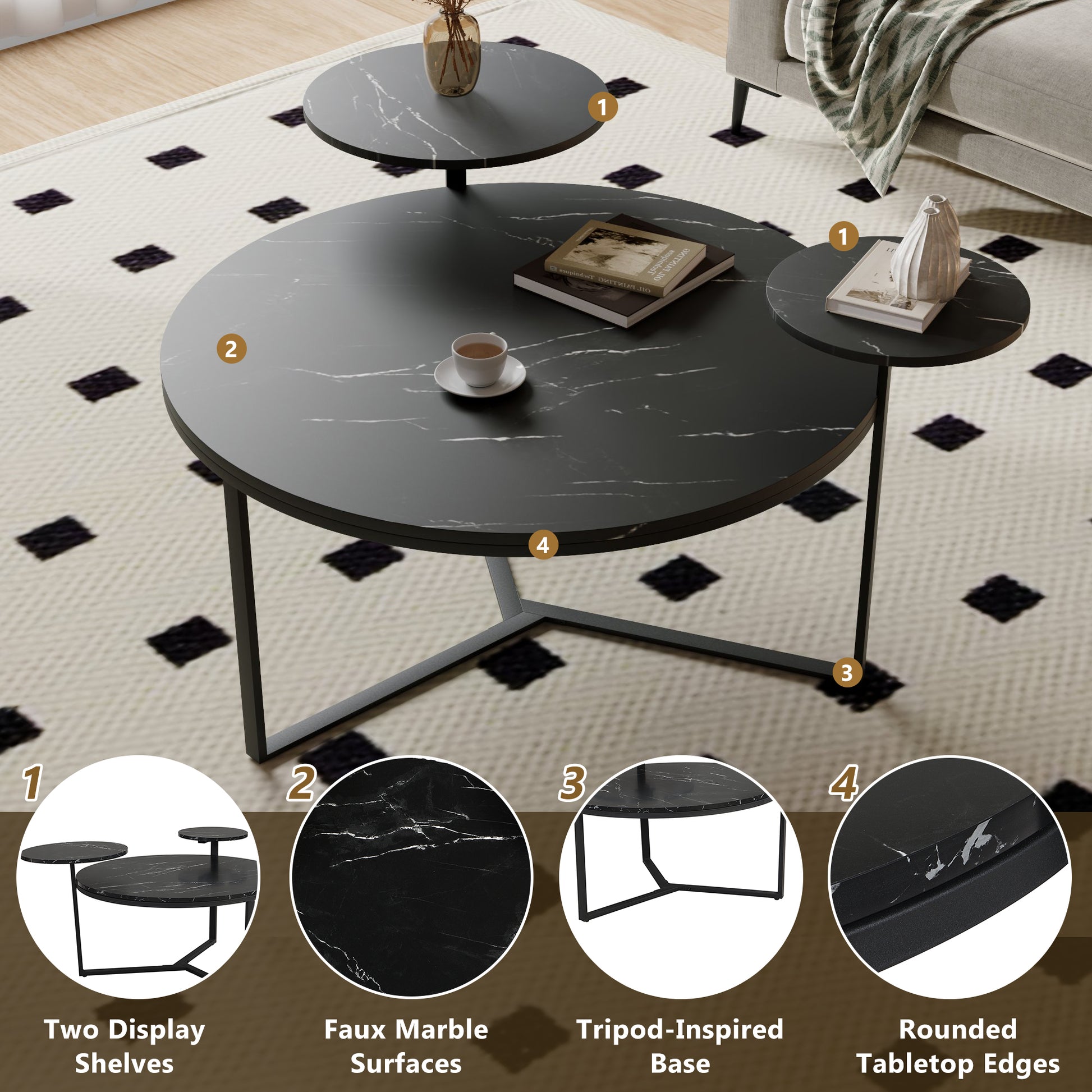 Round black coffee table with faux marble surface and two display shelves