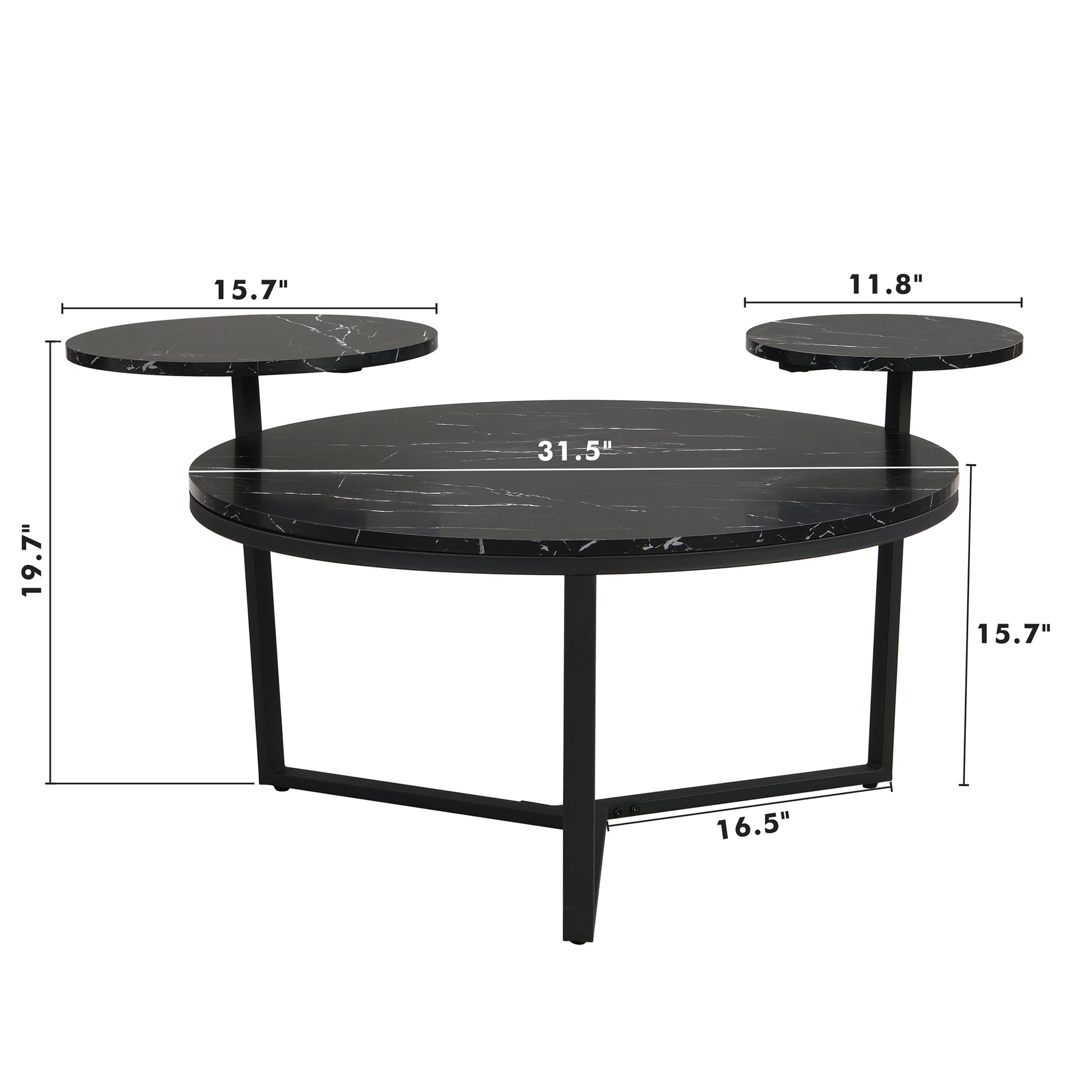 Black marble round coffee table with two side extension shelves modern design