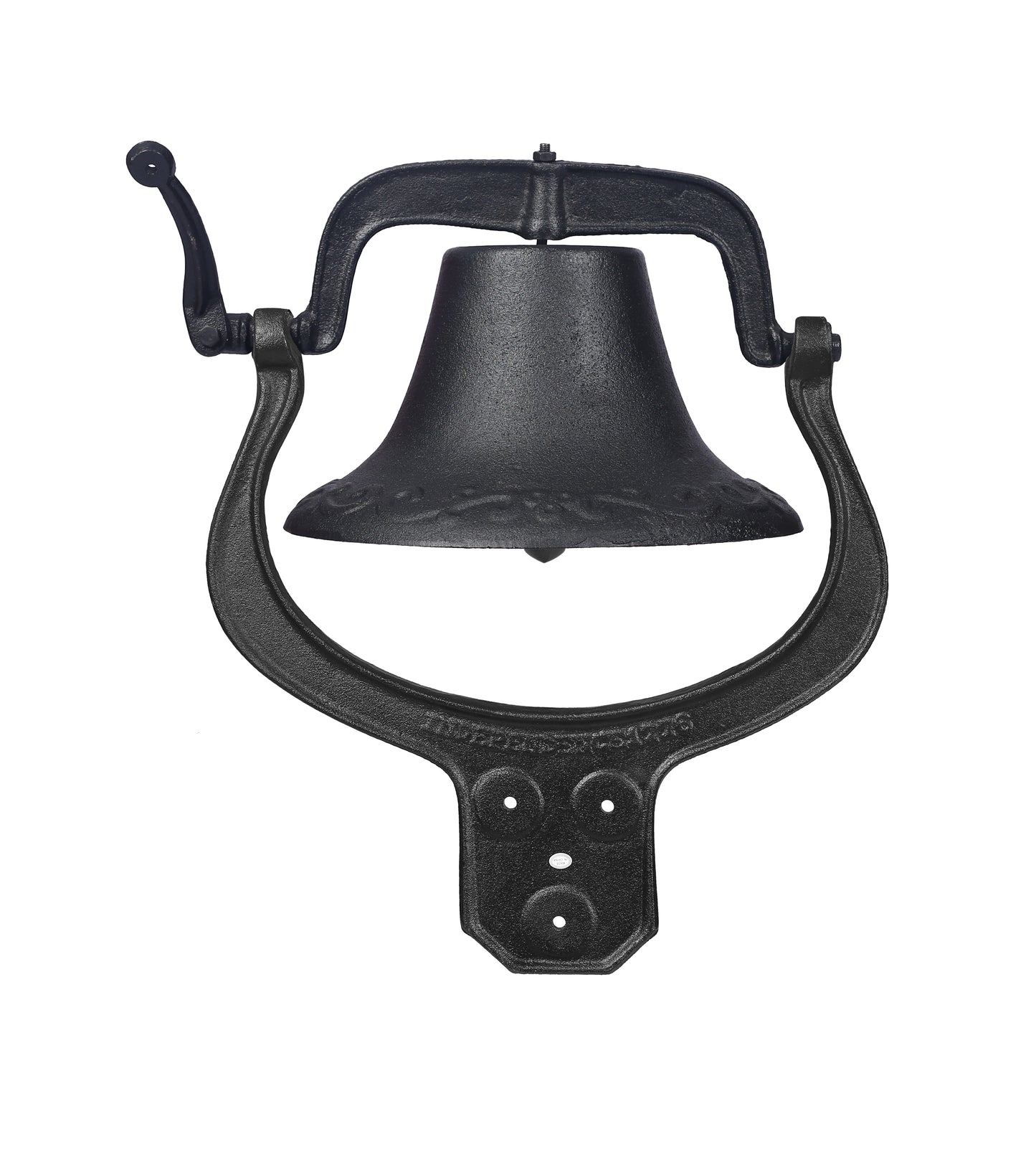 Black cast iron wallmounted bell with ornate detailing and a manual ring lever for a rustic touch