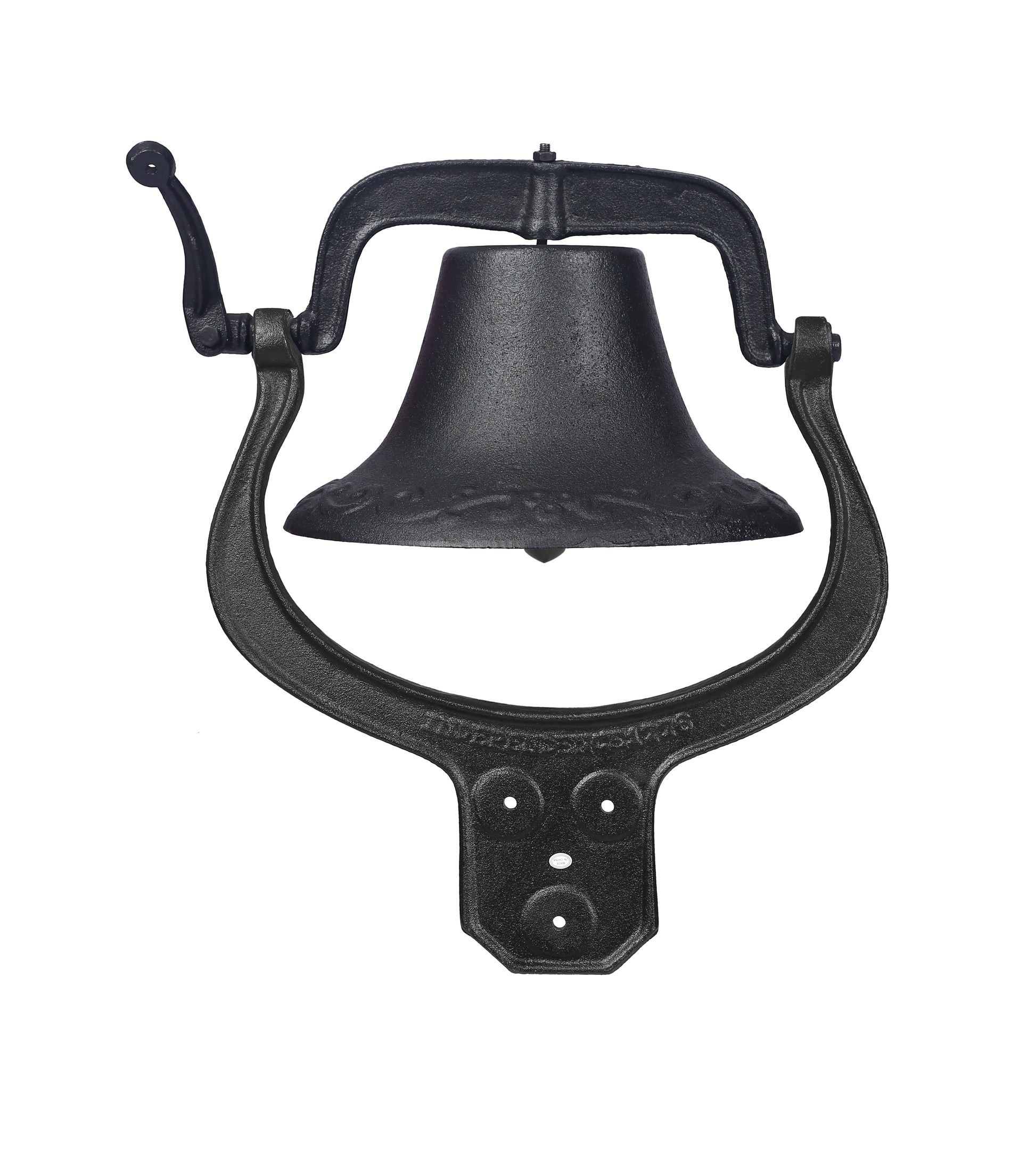Black cast iron wallmounted bell with ornate detailing and a manual ring lever for a rustic touch