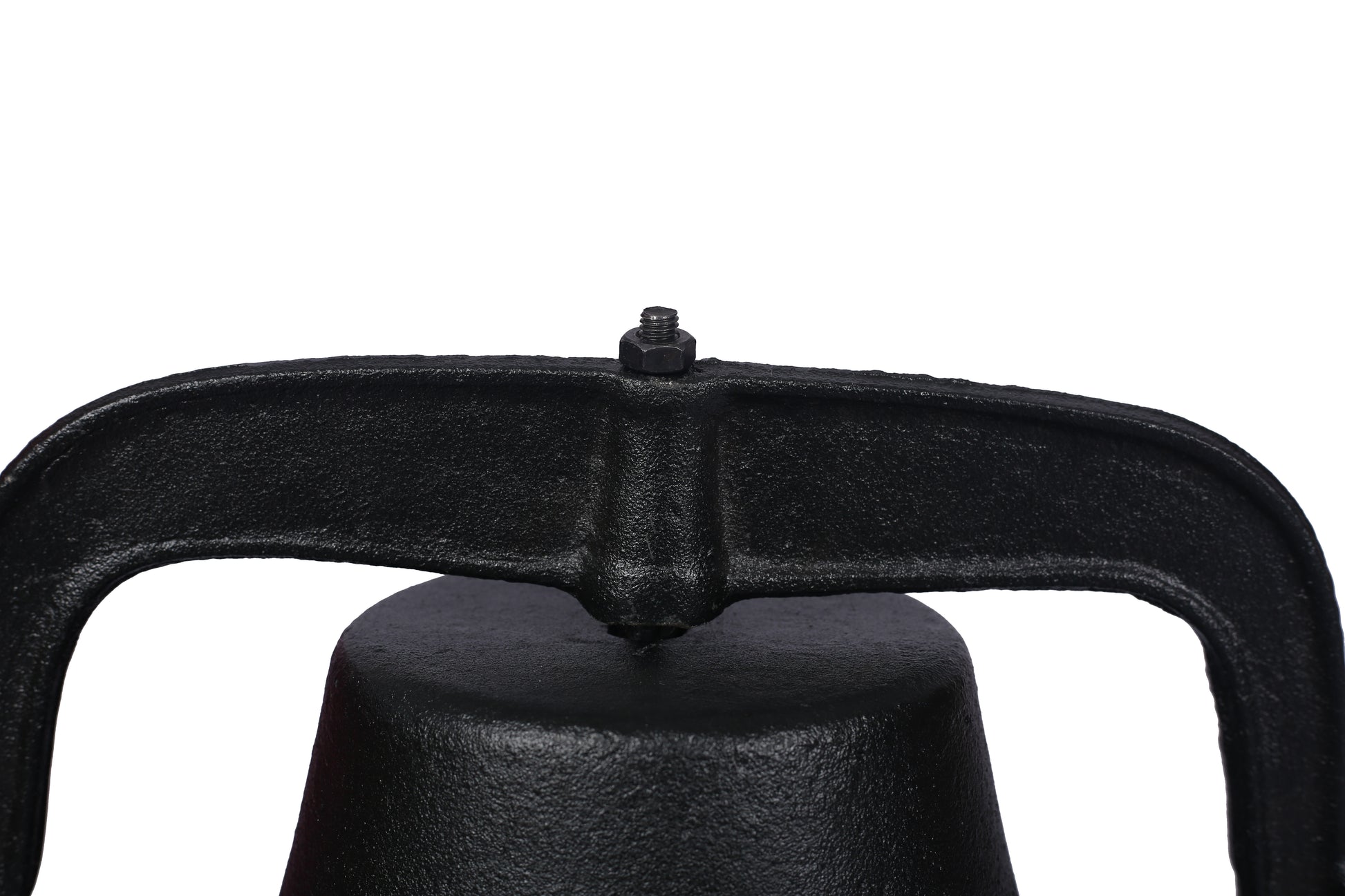 Black cast iron bell handle with textured finish and bolt detail