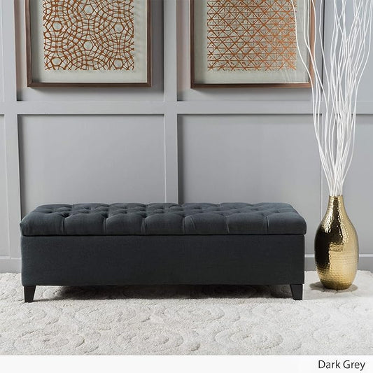 Tufted dark grey upholstered storage ottoman bench with wooden legs perfect for entryways