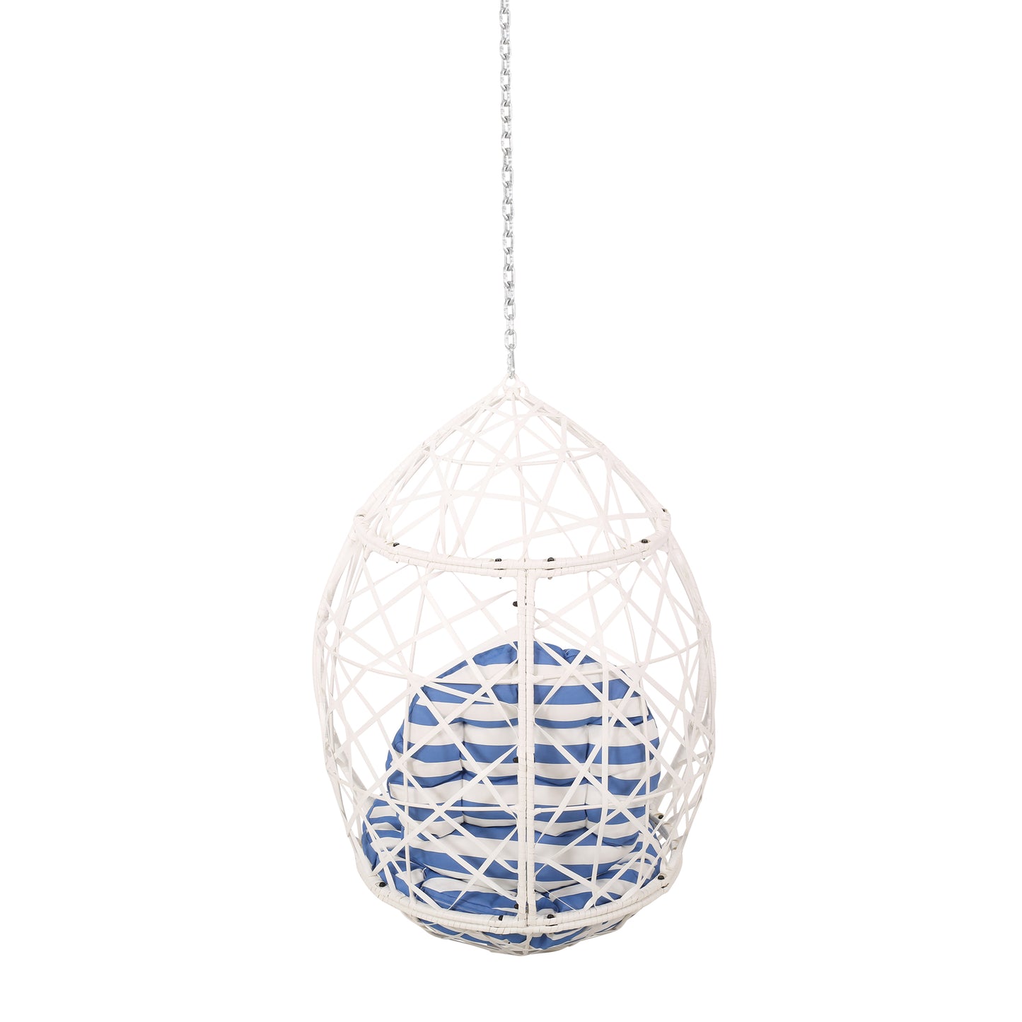 White egg chair with blue and white striped cushion modern patio furniture