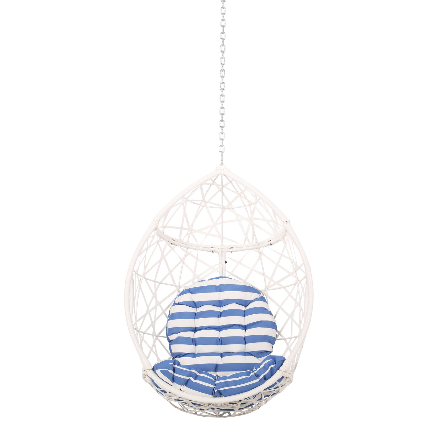 White rattan egg chair with blue and white striped cushion perfect for outdoor relaxation