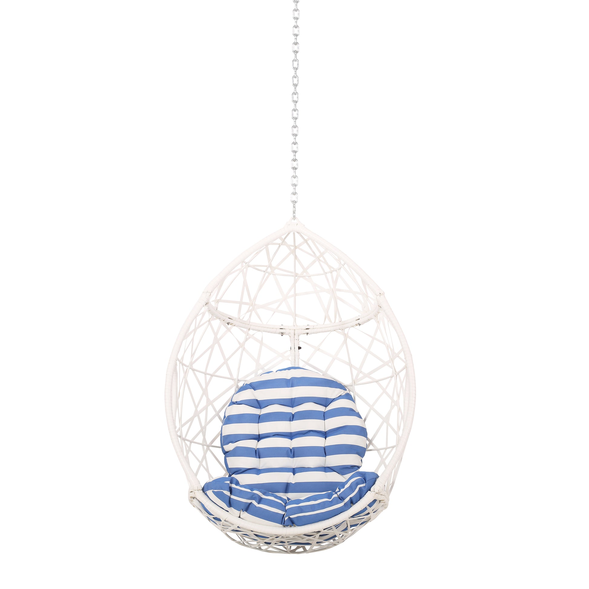 White rattan egg chair with blue and white striped cushion perfect for outdoor relaxation