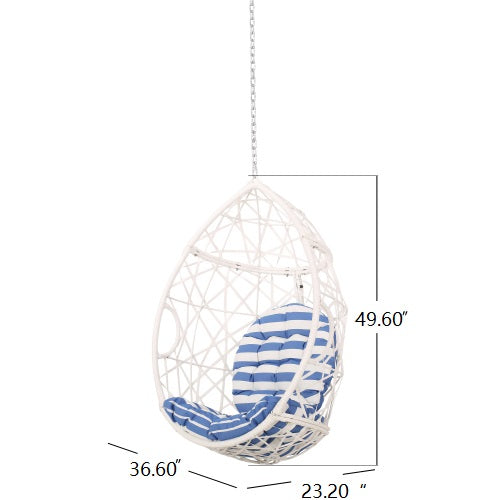 White woven egg swing chair with blue striped cushion  height