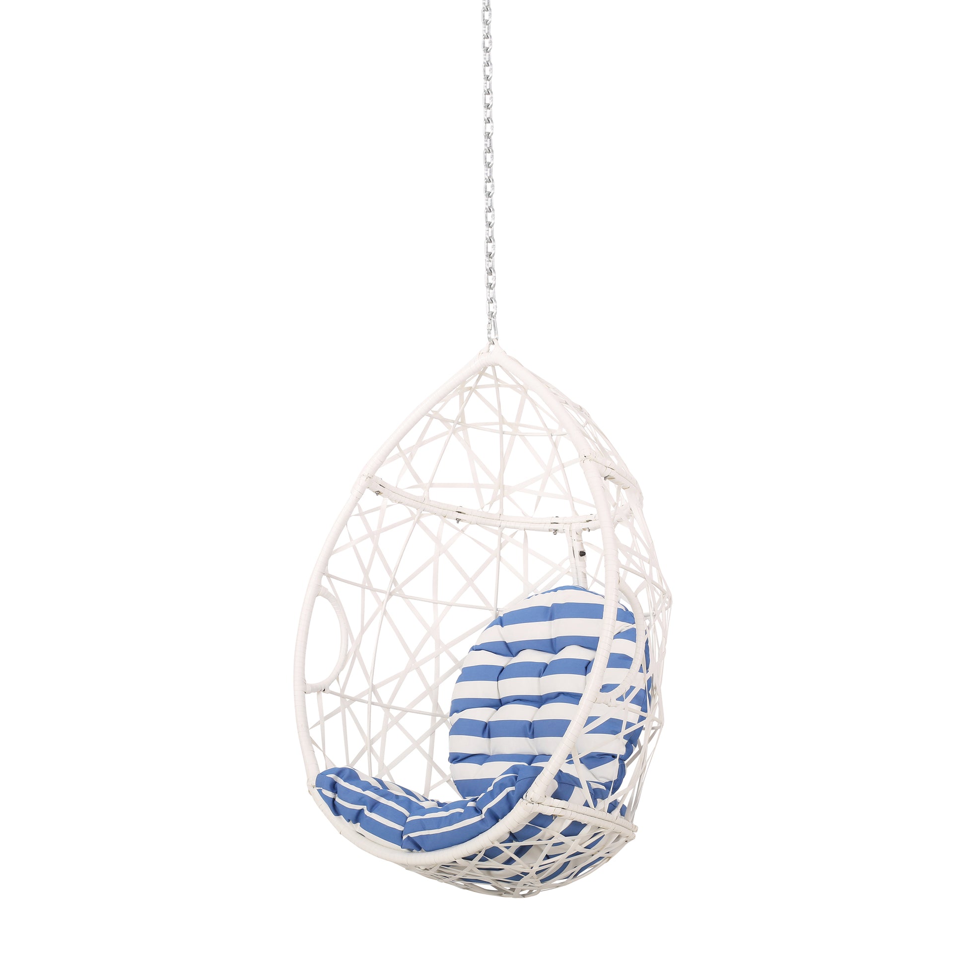 White wicker egg chair with blue and white striped cushion indoor outdoor furniture