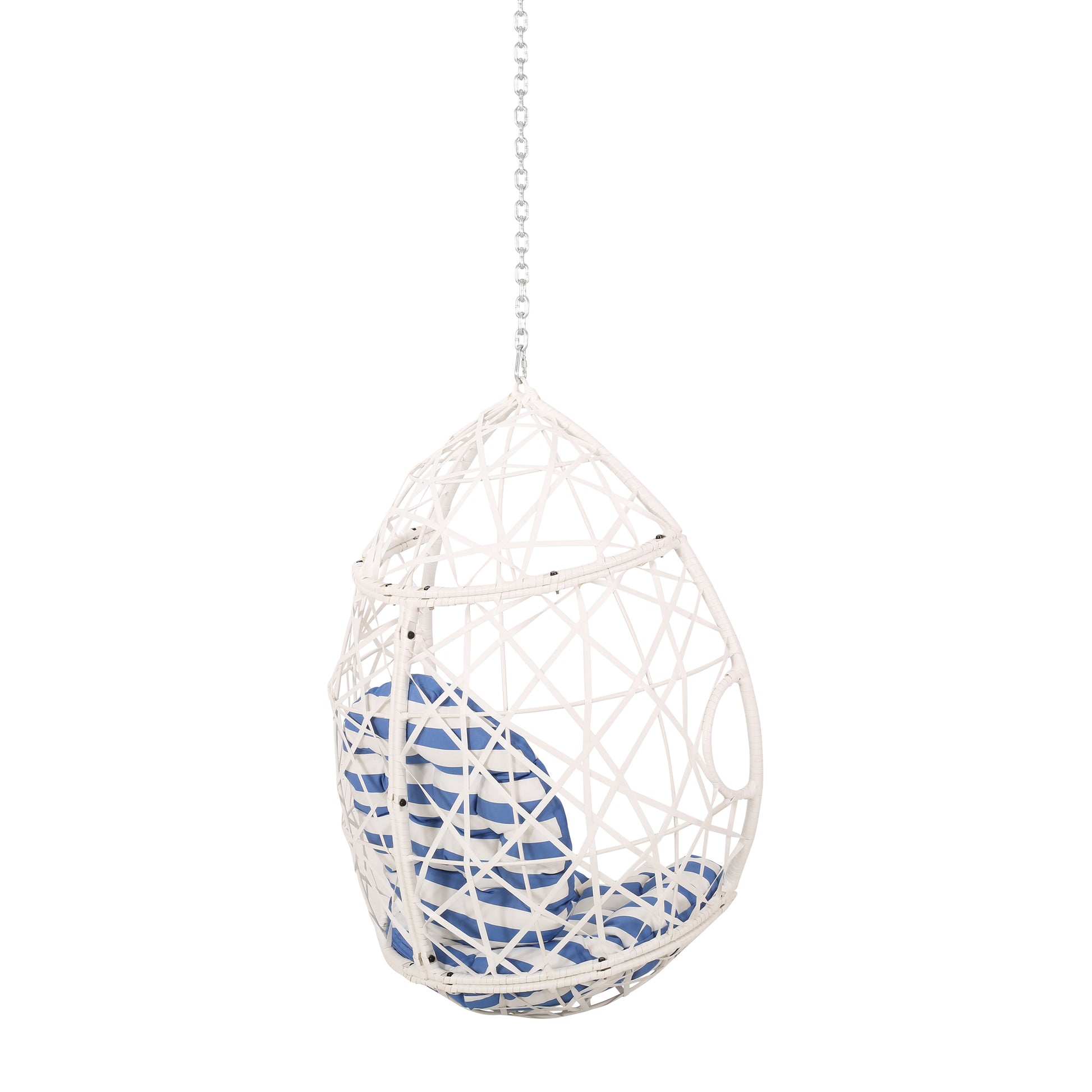 White rattan egg hanging chair with blue and white striped cushions