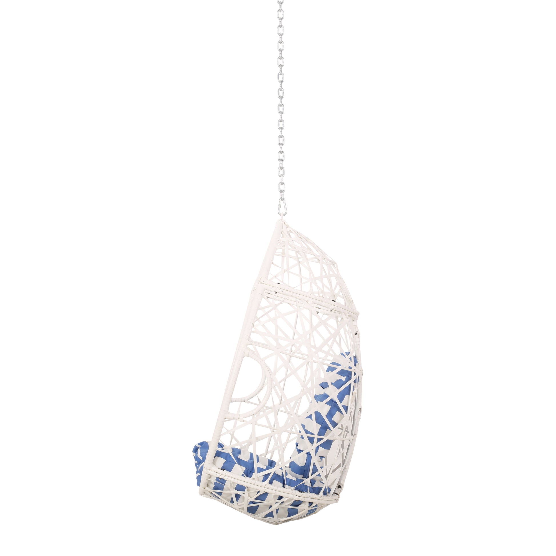 White rattan hanging egg chair with blue striped cushions perfect for outdoor relaxation