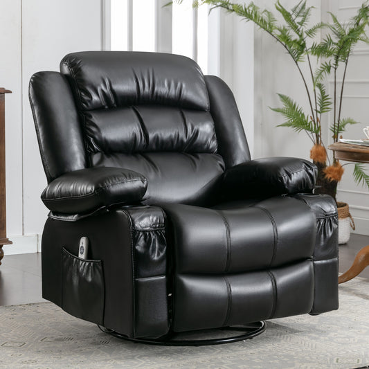 Black leather recliner chair with plush cushioning and convenient side pockets