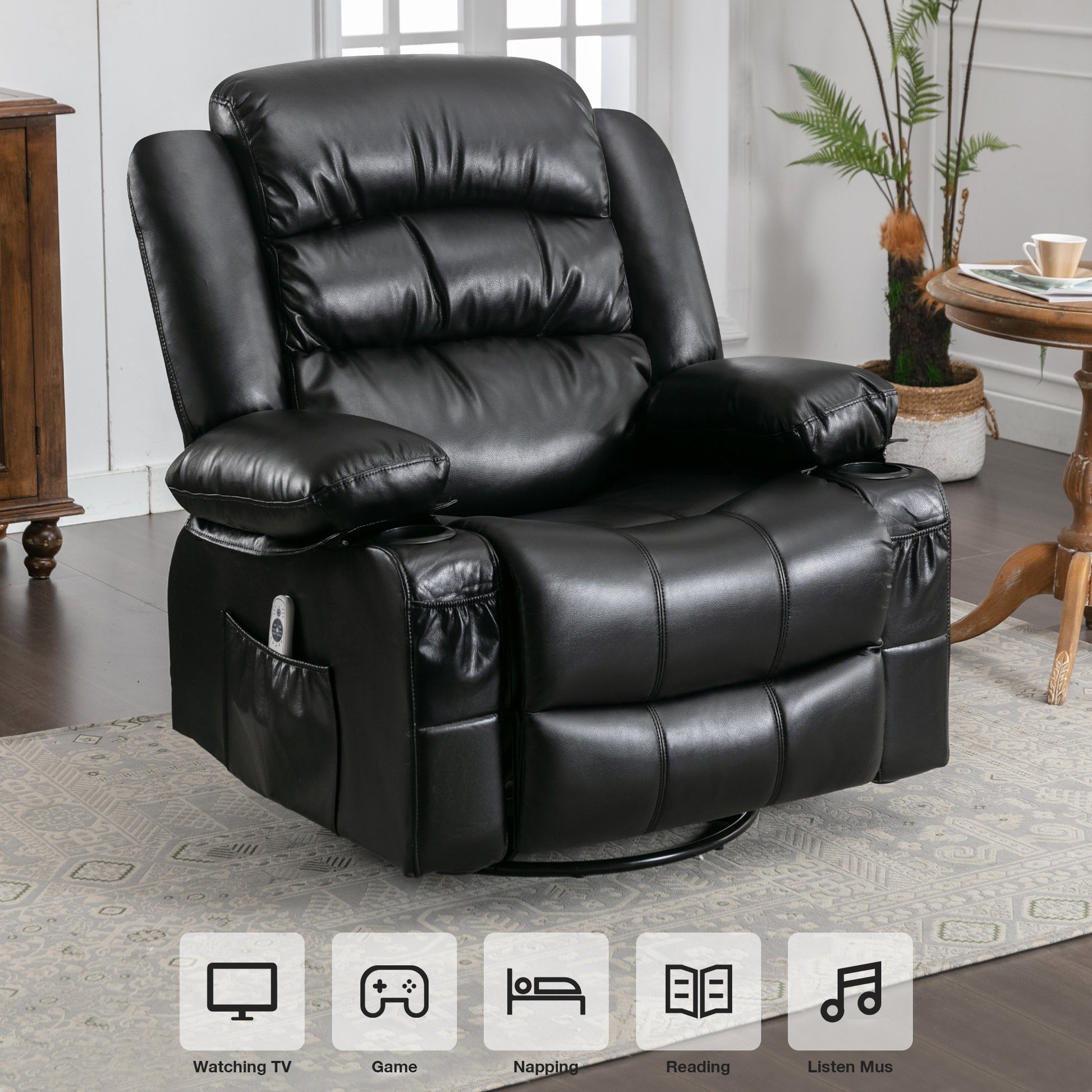 Black leather recliner chair with cup holders and side pocket for ultimate comfort