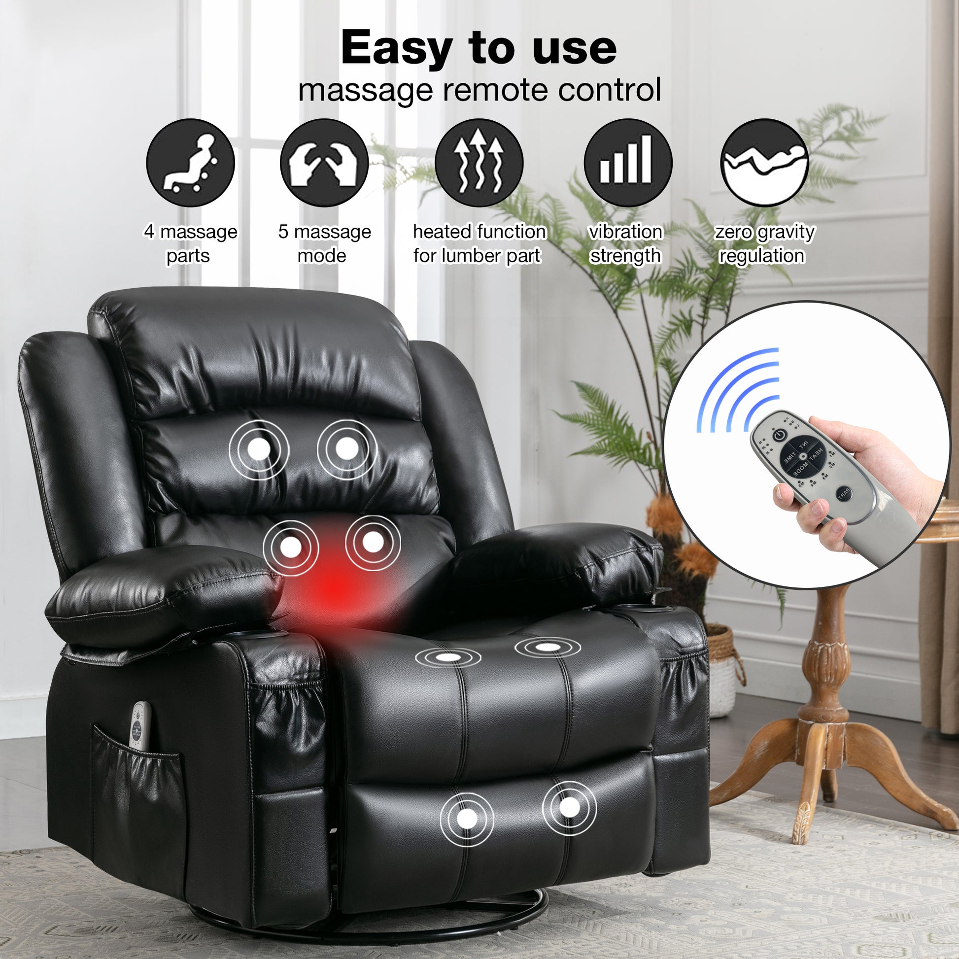 Black faux leather massage recliner with heated function  modes and remote