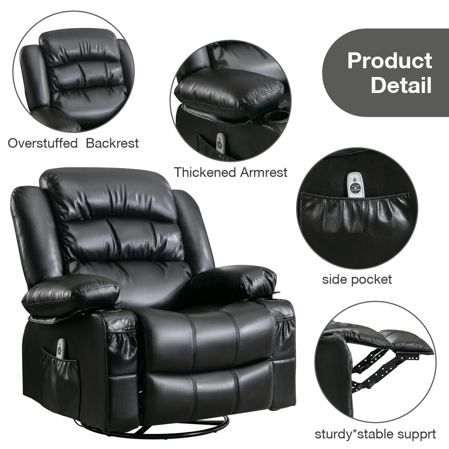 Black faux leather recliner with overstuffed backrest and padded armrests for comfort