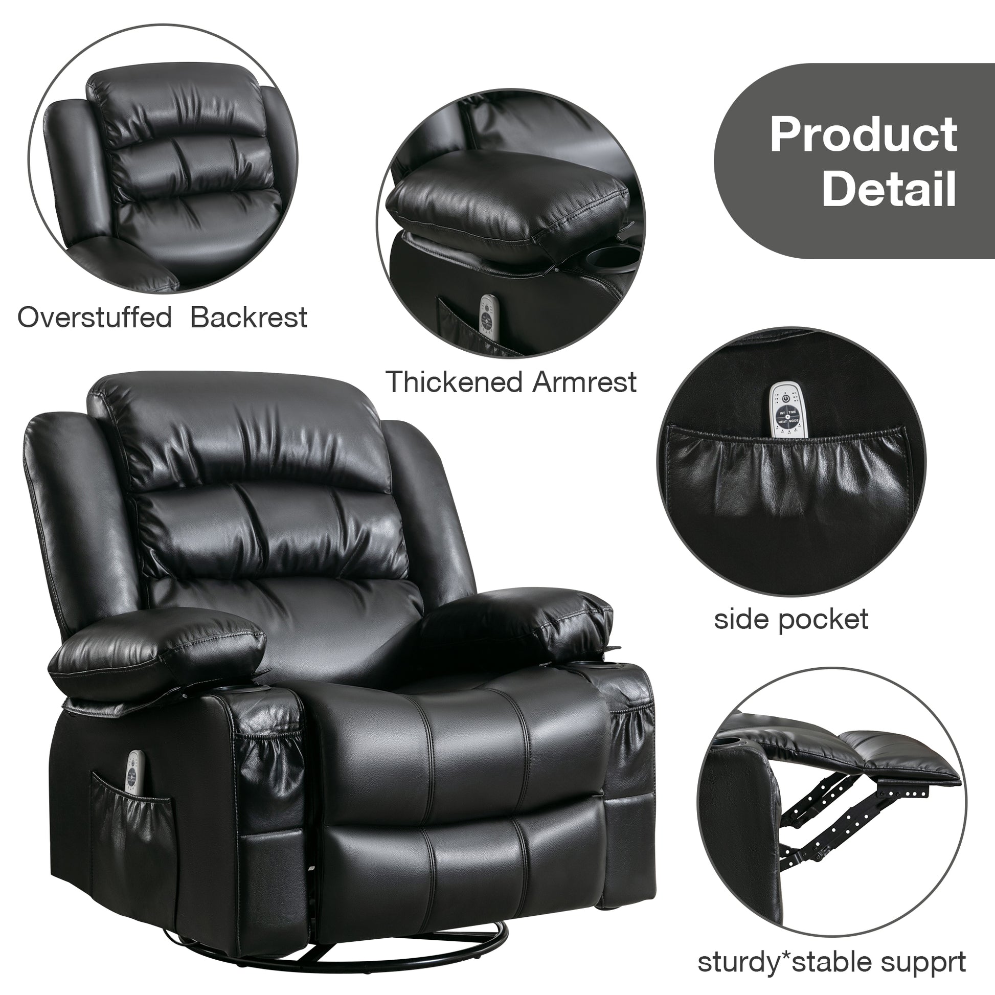 Black faux leather recliner with overstuffed backrest and padded armrests for comfort