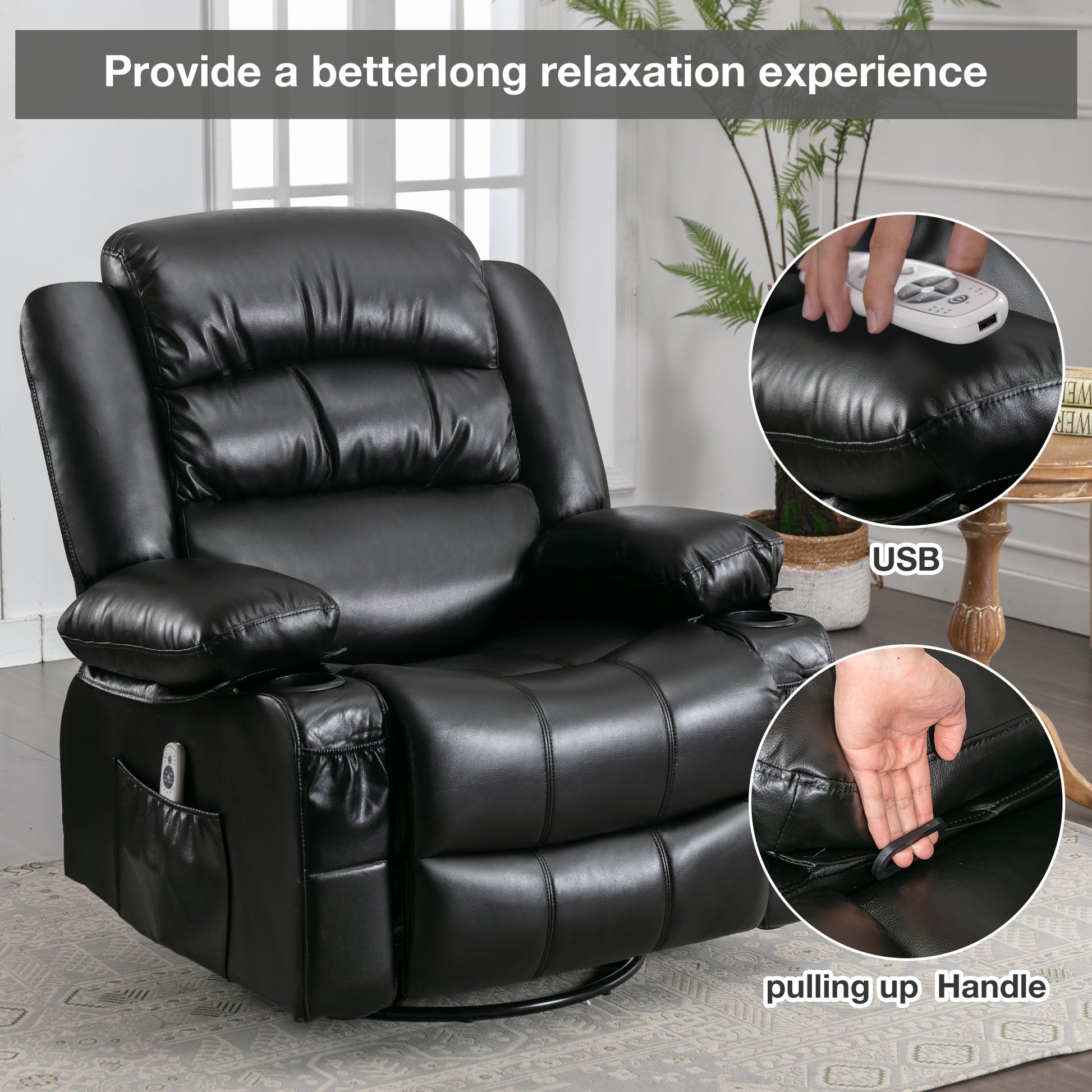 Black leather recliner with plush cushioning cup holders and remote control