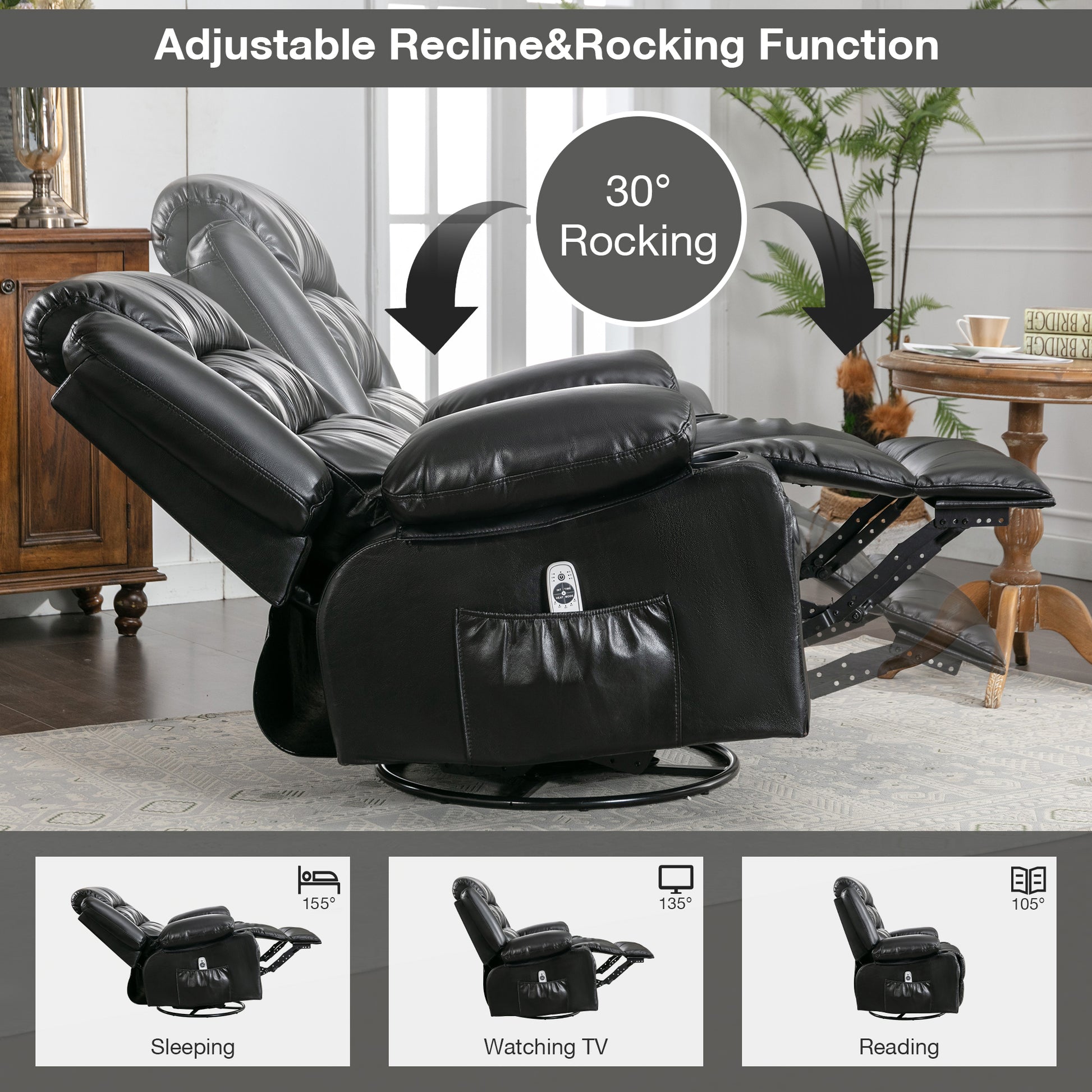 Black leather recliner chair with adjustable rocking function and footrest extended