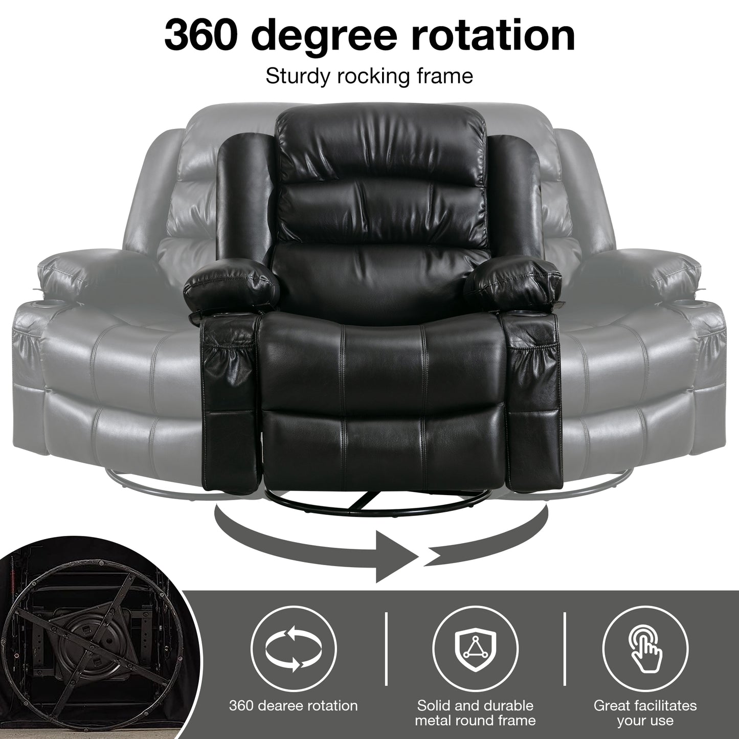 Black padded leather recliner chair with  degree swivel and rocking frame