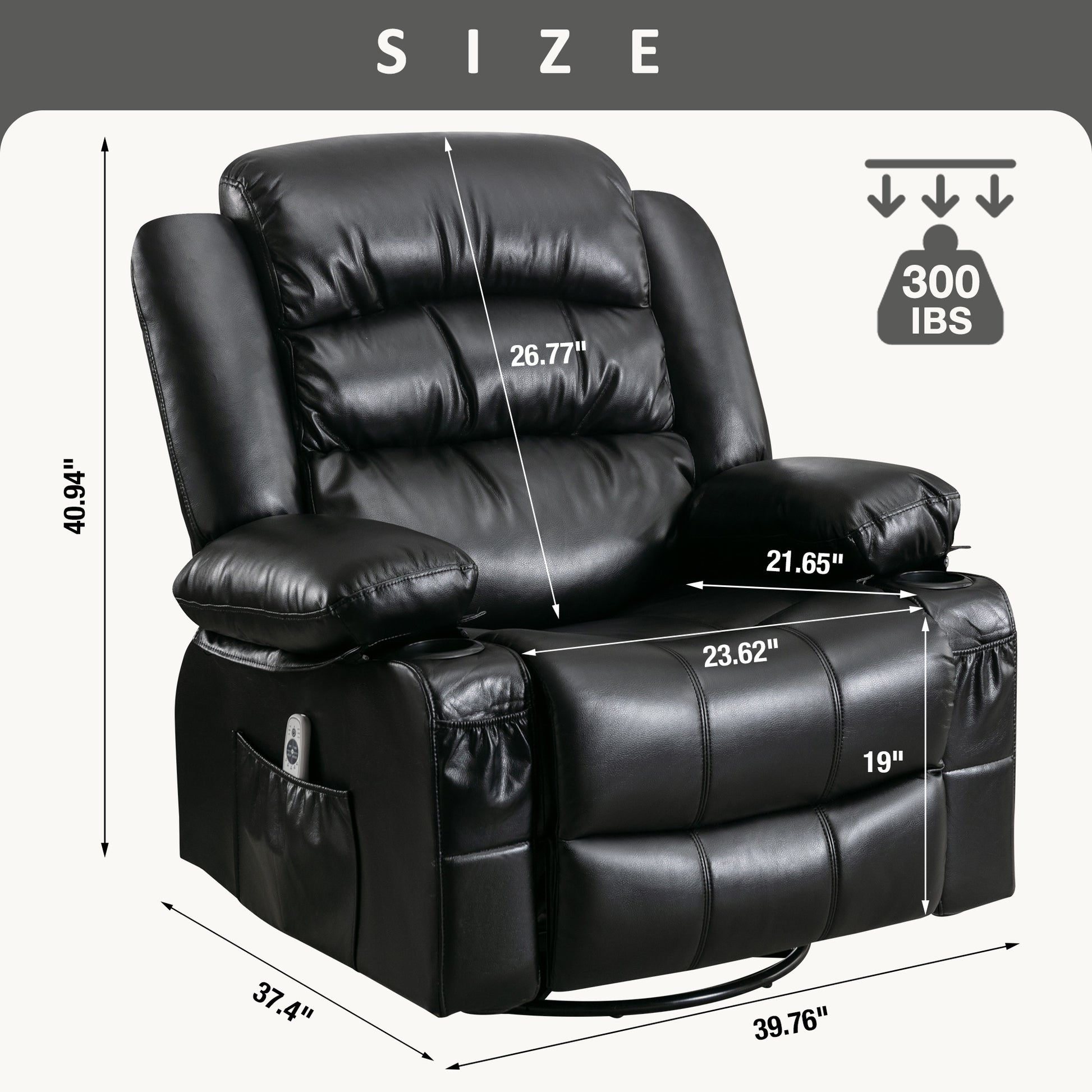 Black leather recliner chair with cup holders and side pocket  lbs capacity