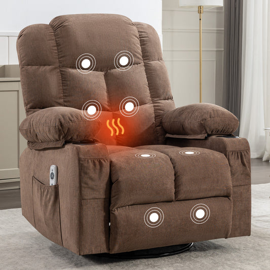 Brown fabric massage recliner with heat function and remote control ideal for home relaxation