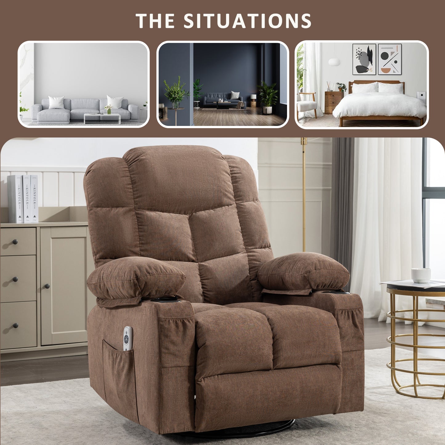 Brown fabric power recliner chair with cup holders and side pocket