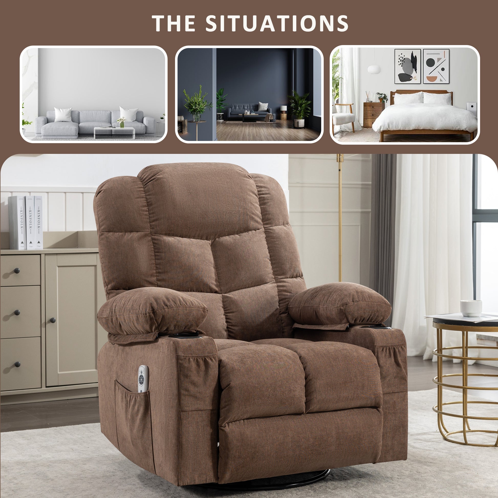 Brown fabric power recliner chair with cup holders and side pocket