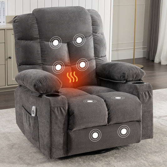 Dark gray fabric massage recliner with heating feature and side pockets