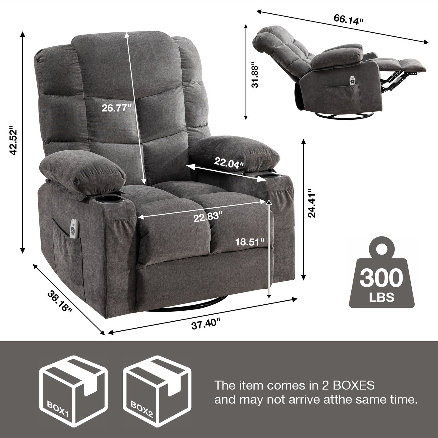 Dark grey fabric power recliner with cup holders and storage pockets